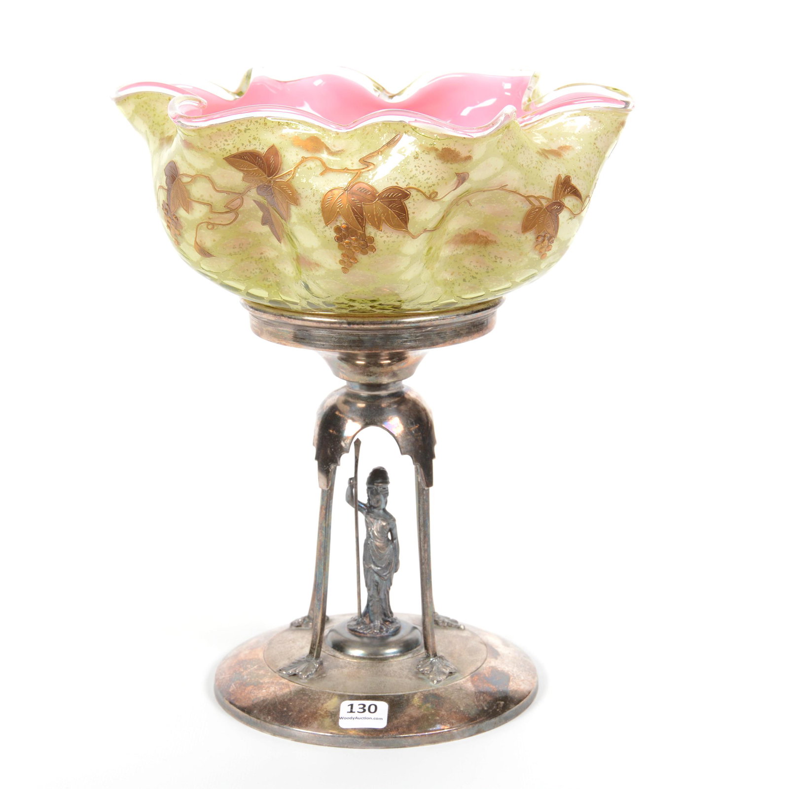 Victorian Brides Bowl on Stand: Victorian Brides Bowl on Stand, 11.5" X 9.5", Green Cased Honeycomb Art Glass Bowl with Enamel Vintage Motif, Pink Interior, Set on Webster #51 Silverplate Stand; the Collection of Mrs. R. and the Lat