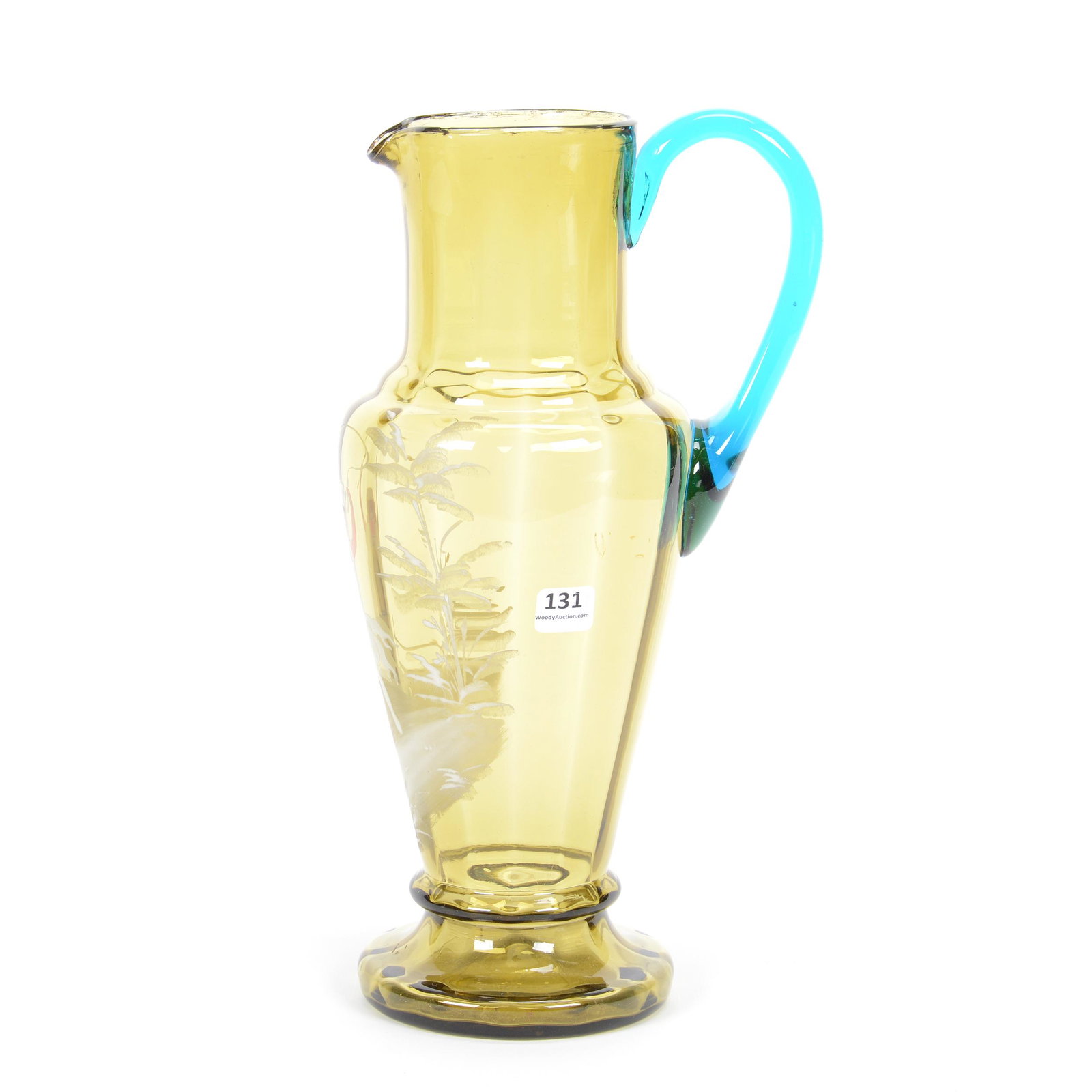 Tankard, Amber Mary Gregory With Blue Handle: Tankard, Amber Mary Gregory with Blue Handle, 13.25", Scene of Young Girl Jumping Rope, Circa 1900, Small Interior Rim Chip Near Spout; the Collection of Mrs. R. and the Late Dr. S. Alexander.