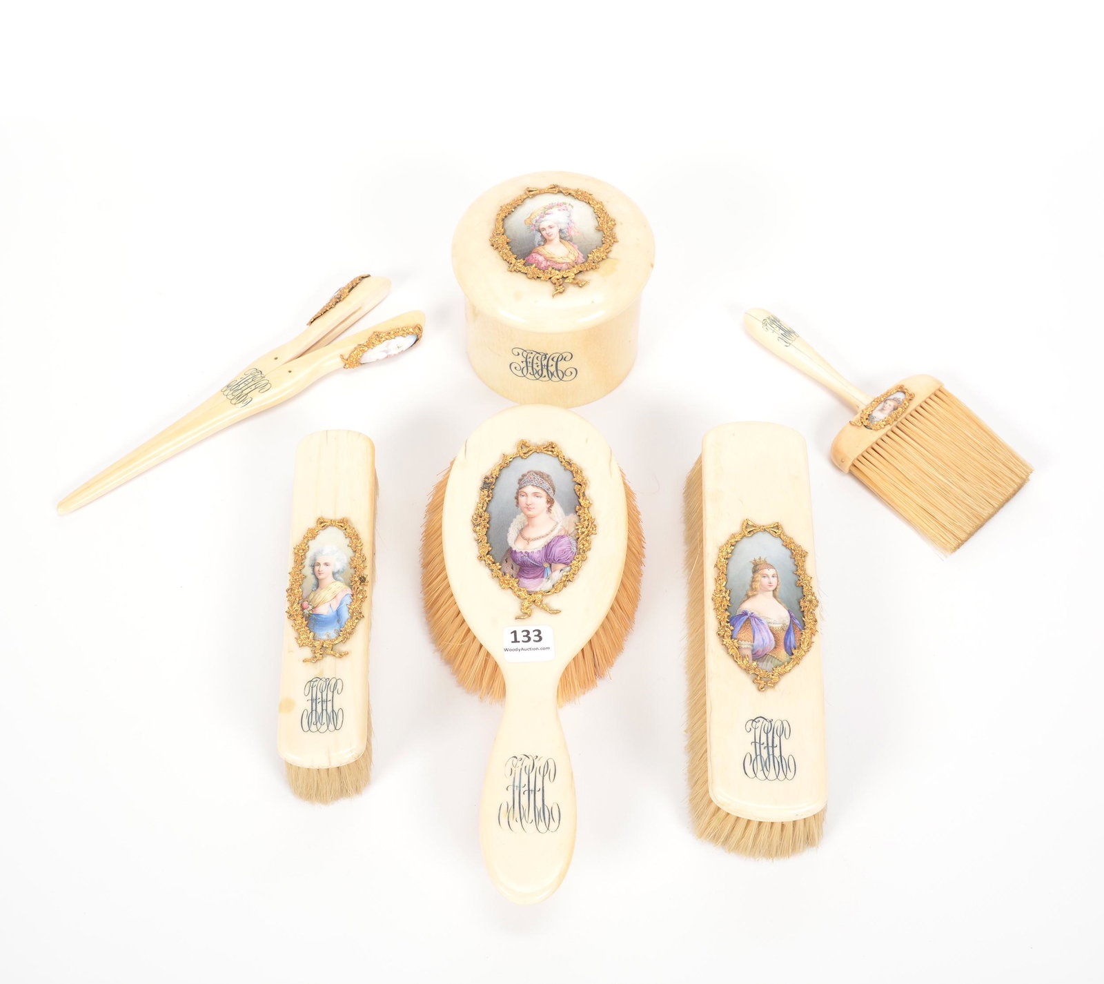 Six Piece Vanity Set, Monogrammed: Six Piece Vanity Set, Monogrammed, Hand Painted French Enamel Portraits, (1) 9.75" Hairbrush, (1) 8" Brush, (1) 7" Brush, (1) 6.75" Flat Brush, (1) 4" Covered Box, (1) 8.75" Hair Clip; the Collection 