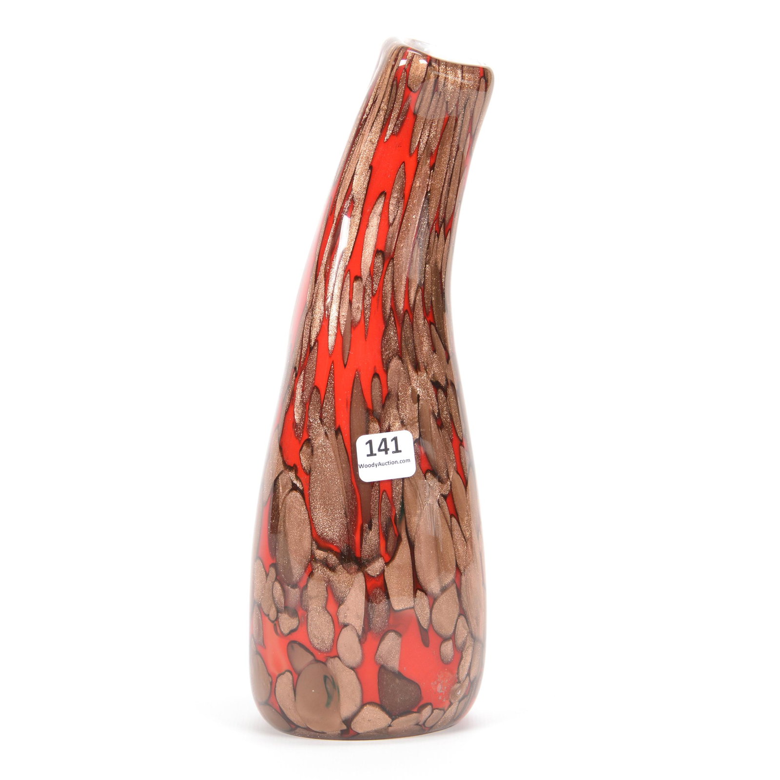 Vase, Unmarked Murano Glass: Vase, Unmarked Murano Glass, 10", Red with Gold Mica Mottled Design, Tusk Form, Three Sides; the Collection of Mrs. R. and the Late Dr. S. Alexander.