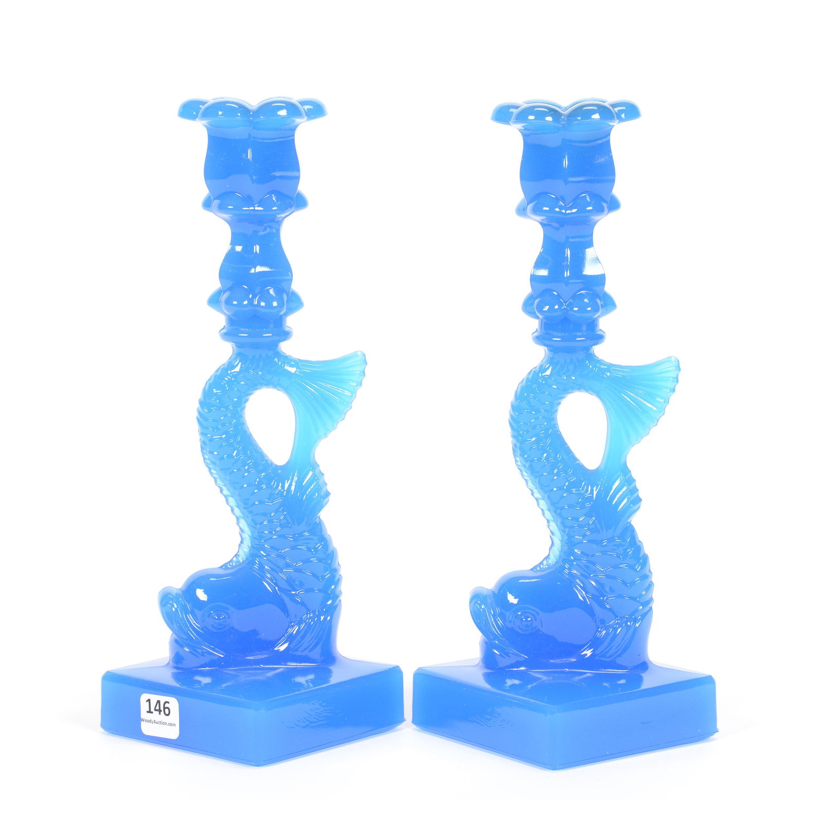 Blue Opaque Figural Dolphin Candlesticks Marked MMA: Blue Opaque Figural Dolphin Candlesticks Marked MMA, 10.75" X 3.75", Made by Imperial Glass for Metropolitan Museum of Art, Circa 1960; the Collection of Mrs. R. and the Late Dr. S. Alexander.