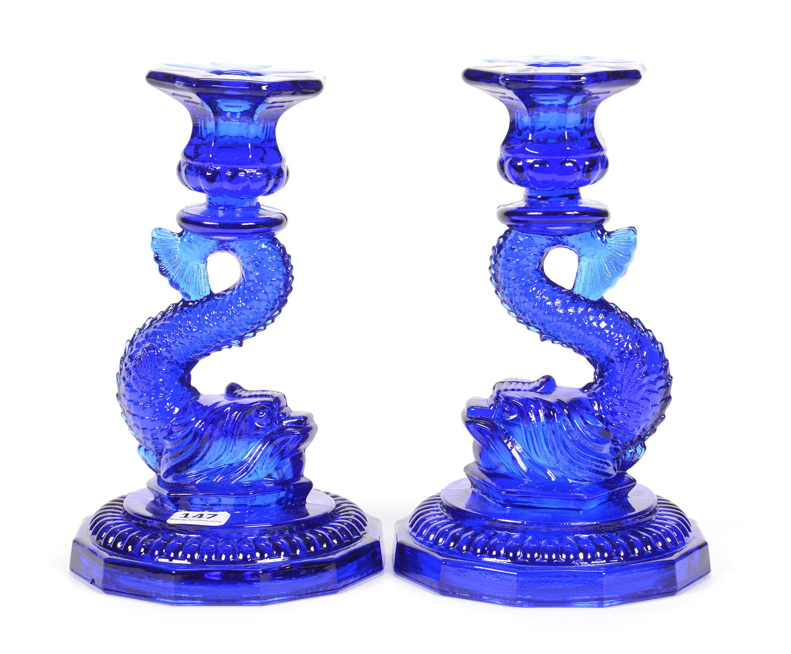 Cobalt Blue Mosser Figural Dolphin Candlesticks: Cobalt Blue Mosser Figural Dolphin Candlesticks, 7.75", Made by Mosser Glass, Circa 1970's; the Collection of Mrs. R. and the Late Dr. S. Alexander.