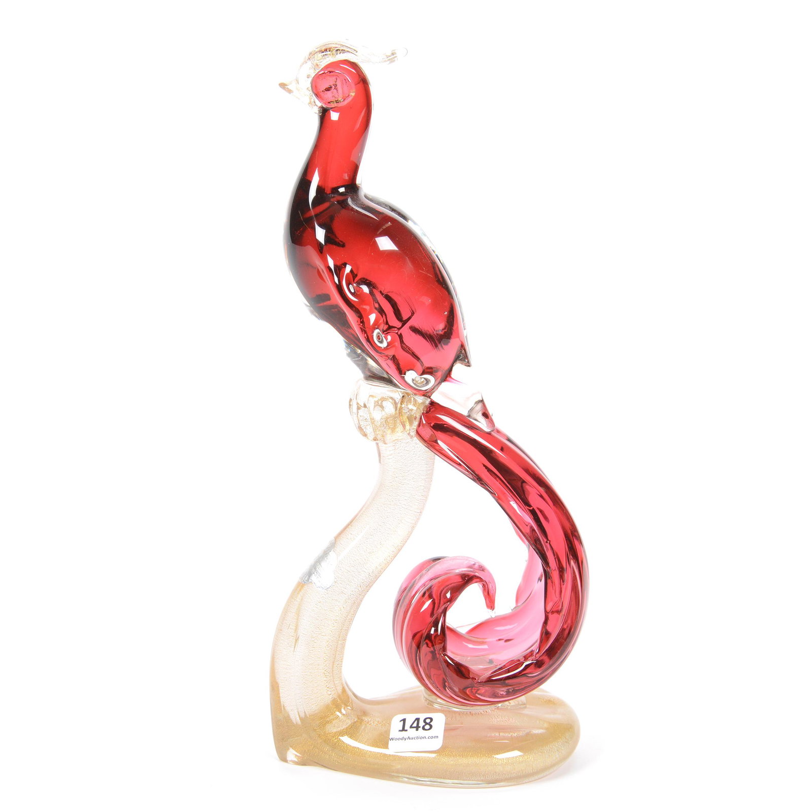 Figurine, Murano Glass: Figurine, Murano Glass, 11.5", Tropical Bird on Perch, Cased Cranberry with Gold Mica Highlights; the Collection of Mrs. R. and the Late Dr. S. Alexander.