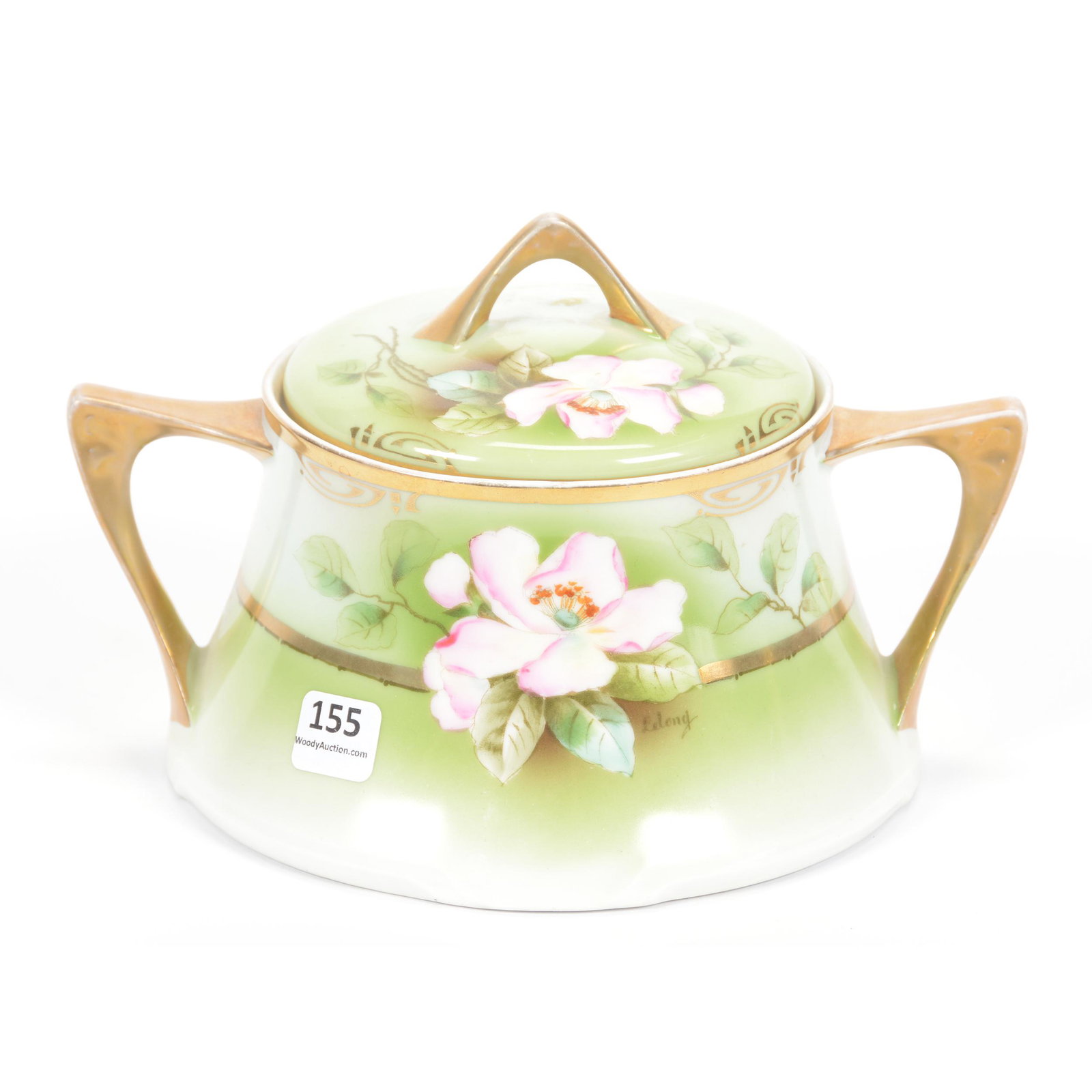 Cracker Jar Marked Royal Munich: Cracker Jar Marked Royal Munich, 5.25" X 8.5", Two- Handled, Green and White Tones with Pink Poppy Decor, Gold Trim Highlights; the Collection of Mrs. R. and the Late Dr. S. Alexander.