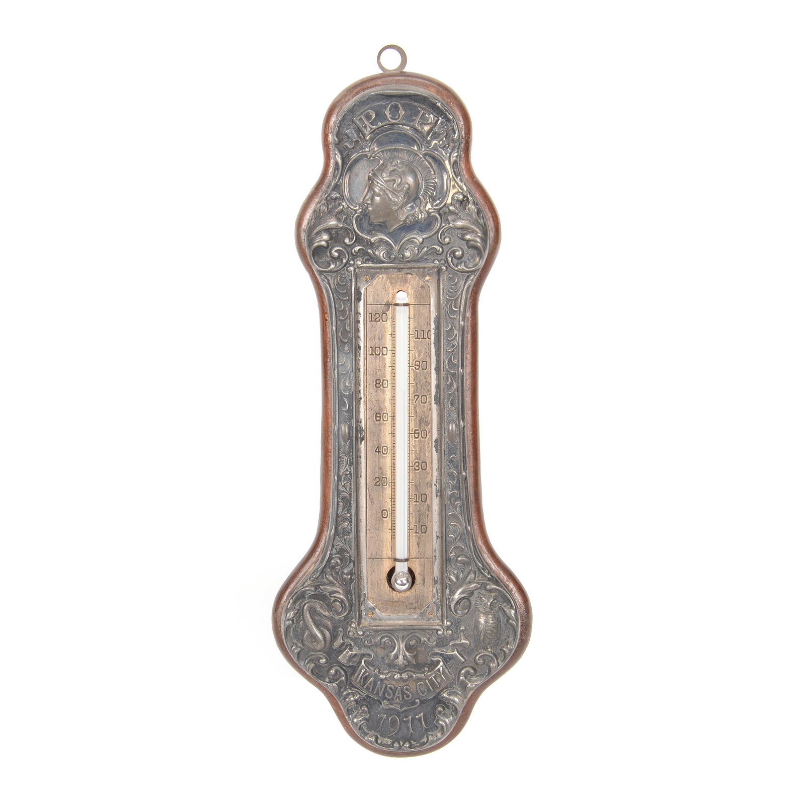 Wood & Embossed Silver Souvenir Thermometer: Wood & Embossed Silver Souvenir Thermometer, 11", P.O.P. Kansas City 1911, Owl and Serpent Highlights, Nice Quality; the Collection of Mrs. R. and the Late Dr. S. Alexander.
