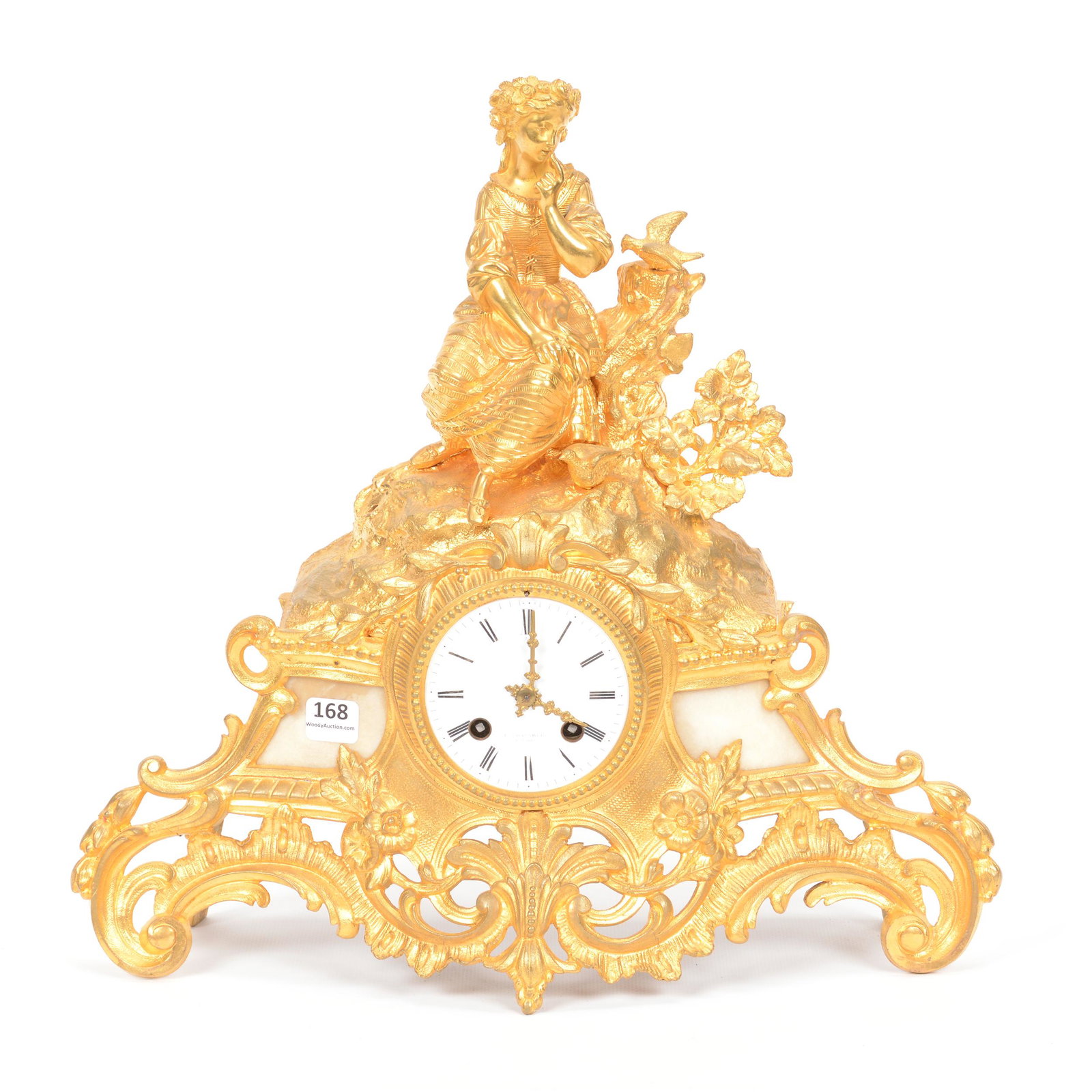 Gilt Metal Figural French Mantel Clock, Flawless: Gilt Metal Figural French Mantel Clock, Flawless, 14.25" X 15", "F.L. Hausburg Clockworks Paris", Two White Marble Panels, Figure of Young Girl and Two Doves, One Branch Section Needs New Pin to Secur