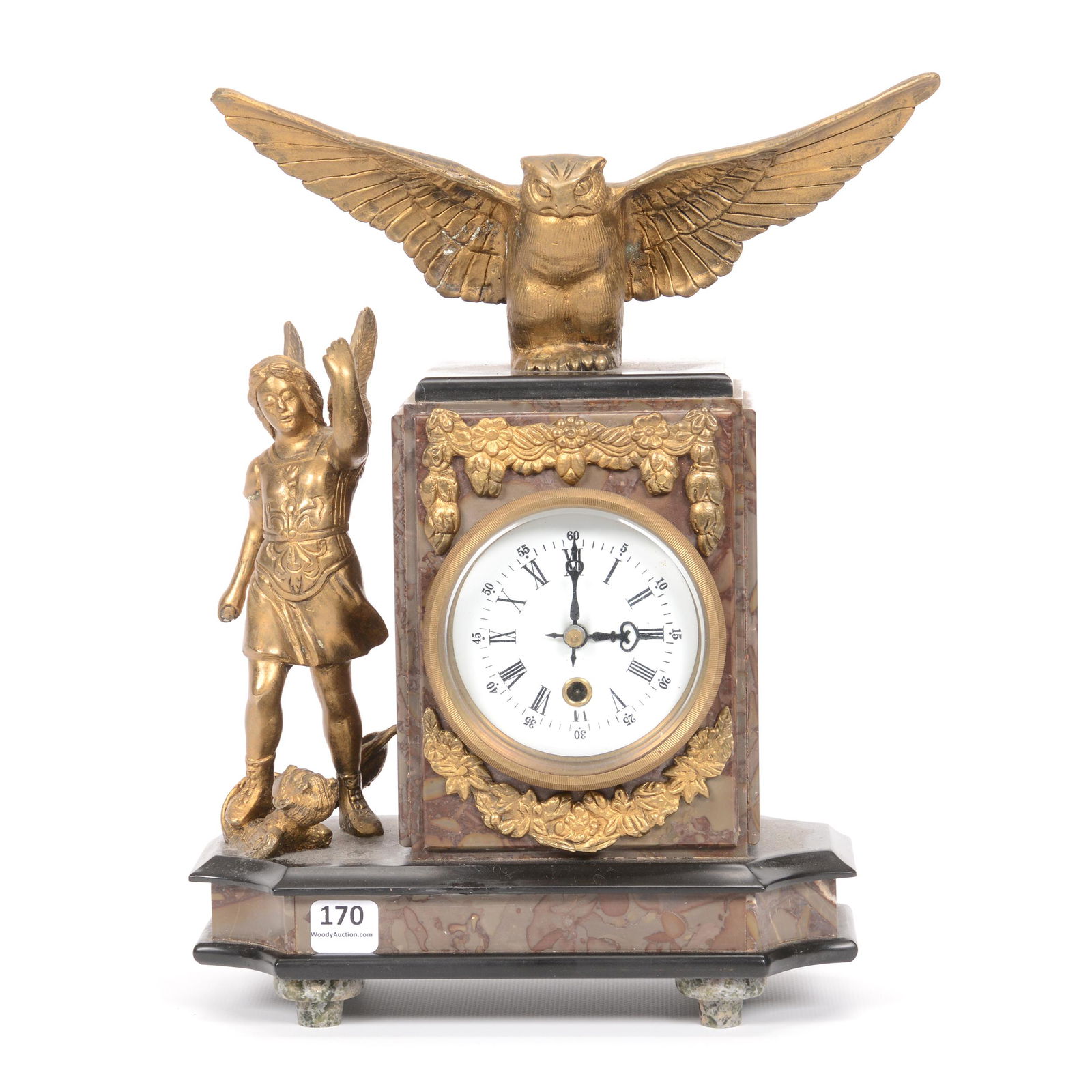 Desk Clock, Ebony & Gray Onyx Case: Desk Clock, Ebony & Gray Onyx Case, 12.5" X 9", Full Figure of Owl with Spread Wings on Top of Clock, Full Figure of Arch Angel Michael Standing over Vanquished Evil Foe at Side of Clock, Key Wind; th