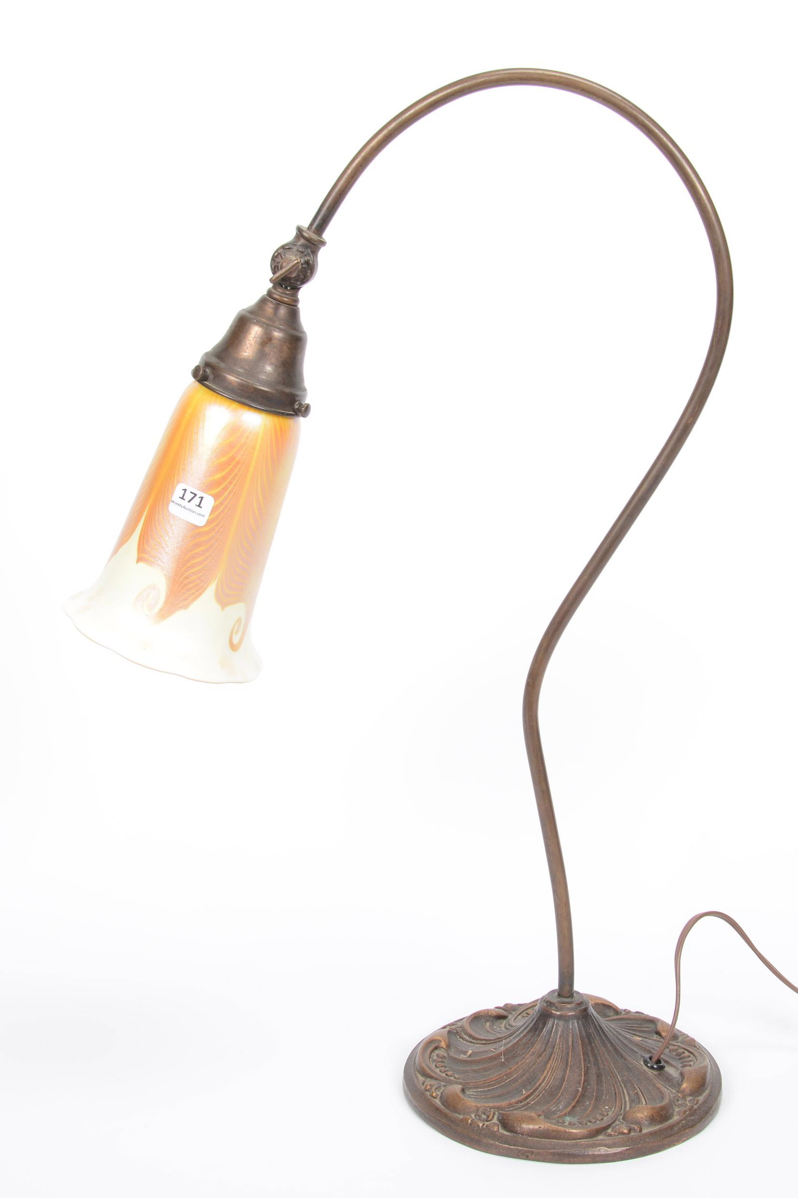 Metal Desk Lamp W/Unmarked Art Glass Shade: Metal Desk Lamp with Unmarked Art Glass Shade, 23", Gold Iridescent Pulled Feather Design; the Collection of Mrs. R. and the Late Dr. S. Alexander.