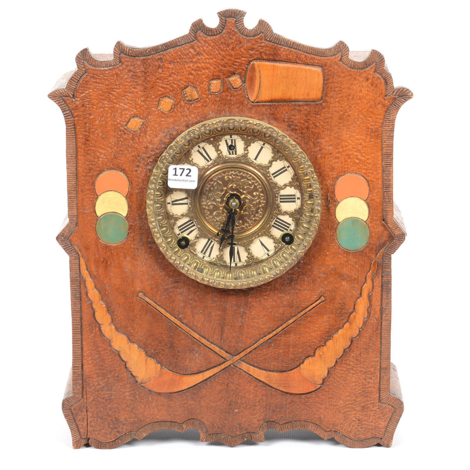 Original Gilbert Clock W/Original Label: Original Gilbert Clock with Original Label, 13.5" X 10.5", Woodburnt Case Depicting Playing Cards, Dominos, Tobacco, Dice, and Various Other Vices, Color Highlights, Key and Pendulum Included, Nice Qu