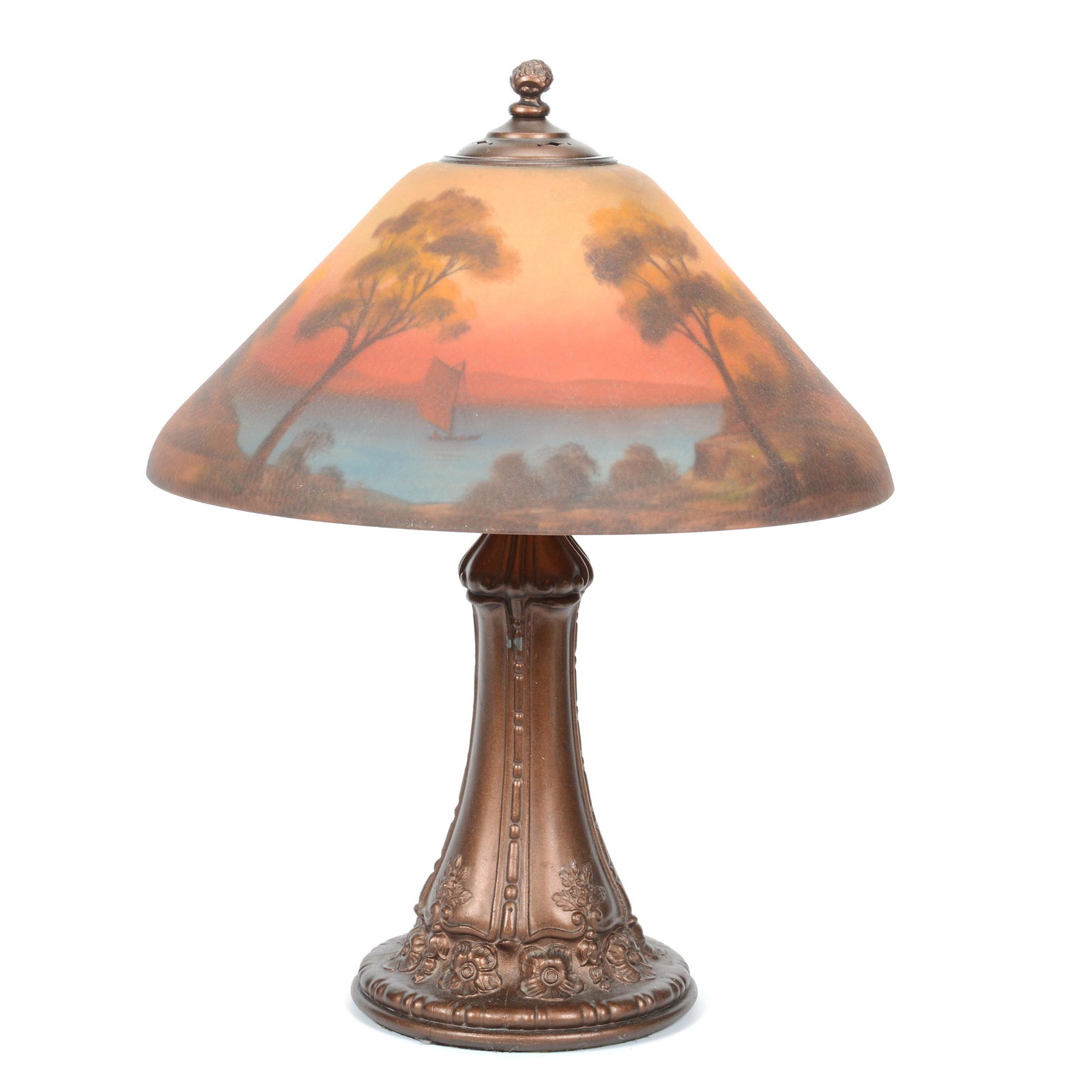 Table Lamp with Reverse Painted Shade: Table Lamp with Reverse Painted Shade, 22.5" X 18", Shade has Beautiful Lake and Sunset Scenic Decor, Metal Lamp Base has Embossed Floral Design, Two Light, Electrified, One Light Socket Needs Repair,