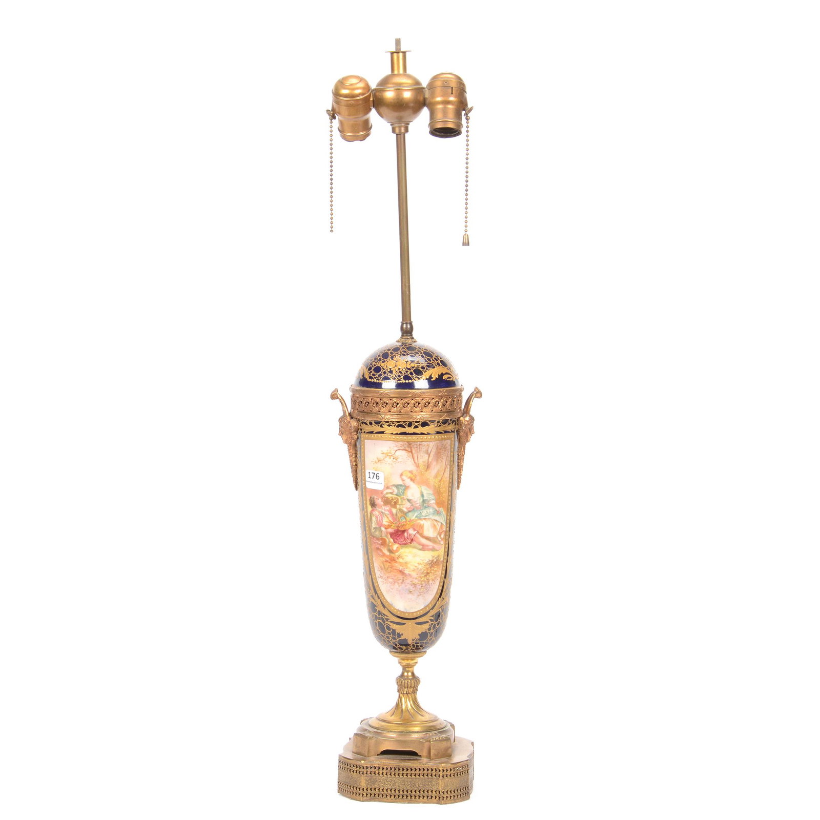 Table Lamp, Unmarked Sevres: Table Lamp, Unmarked Sevres, 28", Cobalt Blue with Hand Painted Courting Scene Decor, Elaborate Gold Enamel Highlights, Gold Gilt Fittings, Artist Signed; the Collection of Mrs. R. and the Late Dr. S.