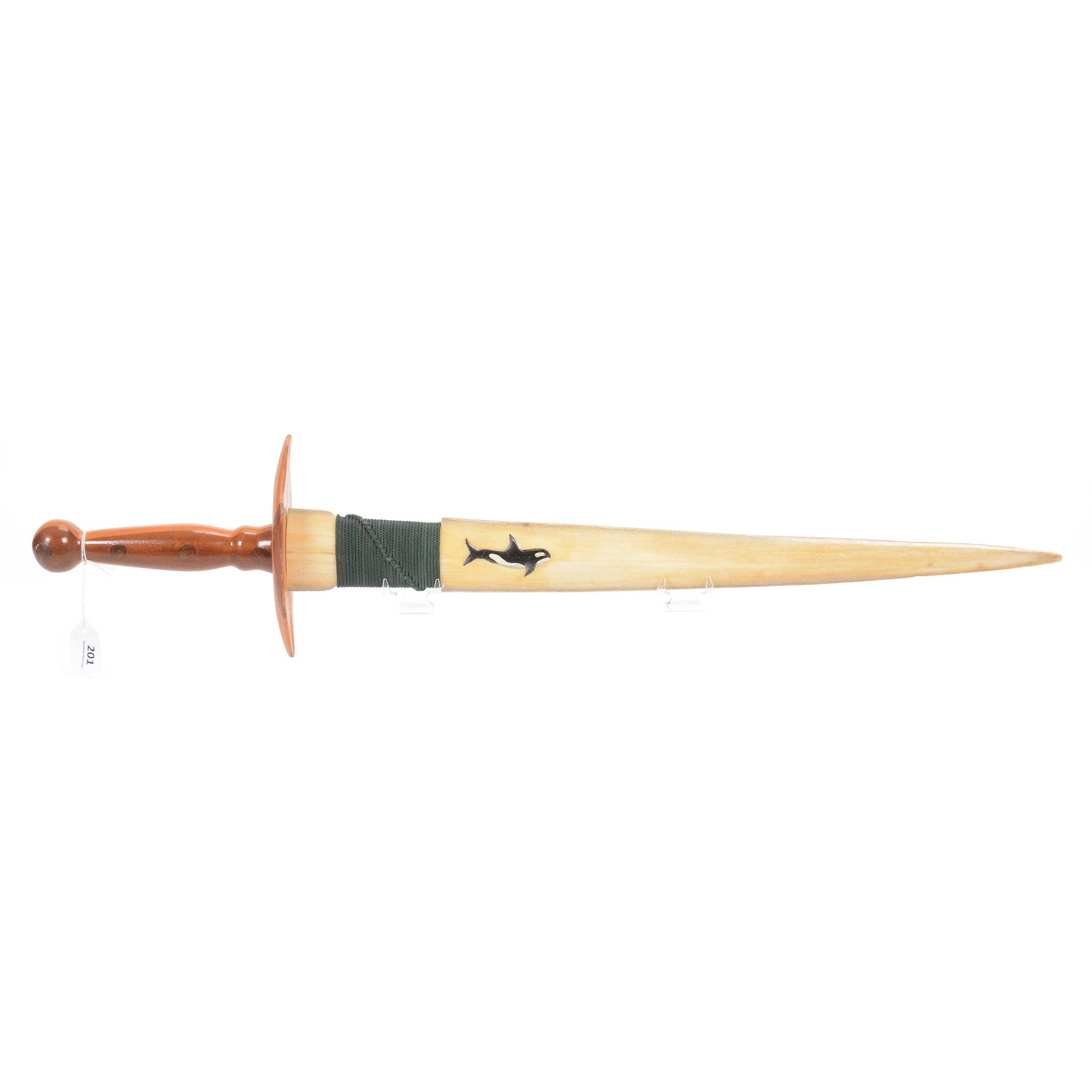 Vintage Swordfish Sword W/Wooden Grip: Vintage Swordfish Sword with Wooden Grip, 29.5", Carved Killer Whale Painted Design on Blade, Green Wrapped Cord on Blade, 22.5" Blade Length; the Collection of Mrs. R. and the Late Dr. S. Alexander.
