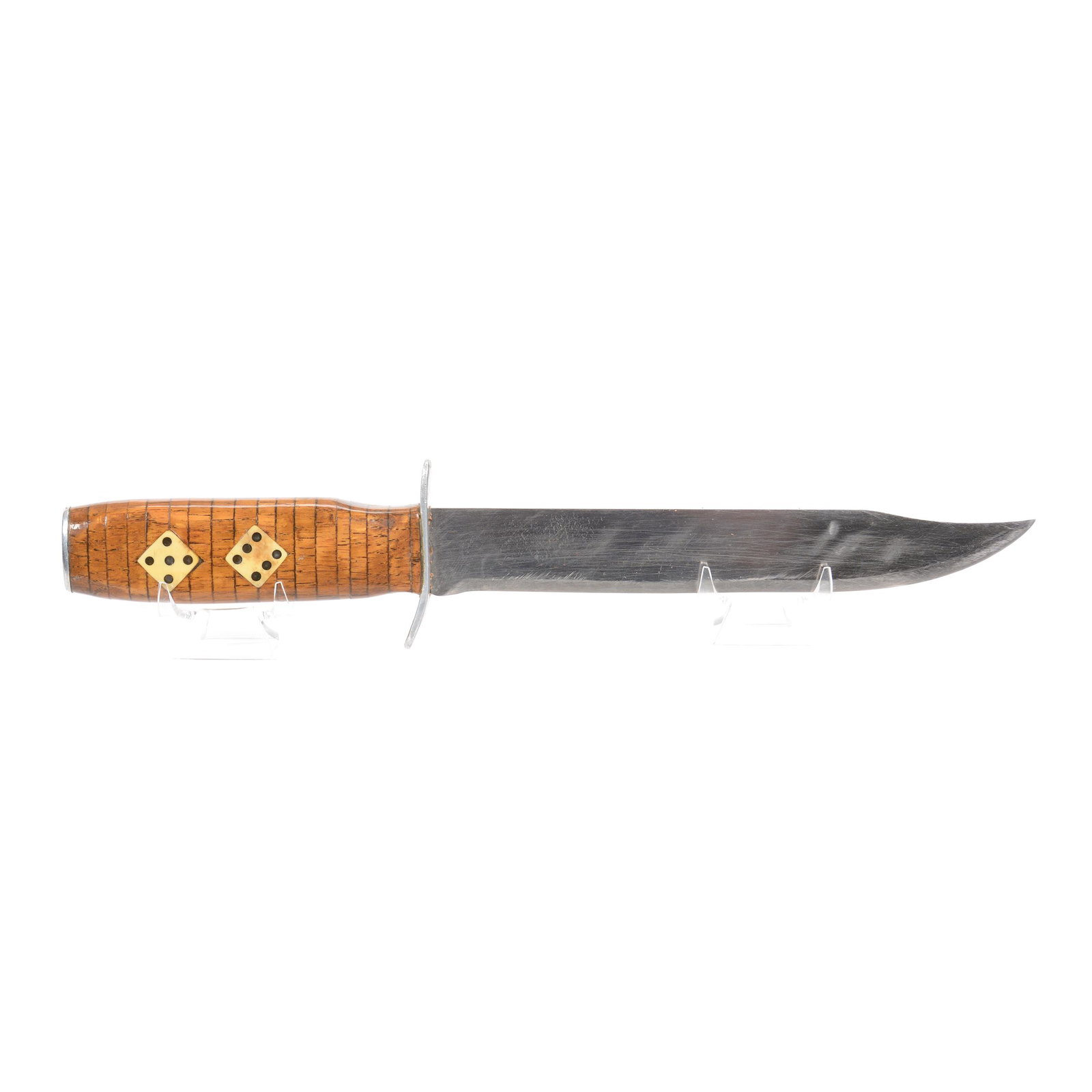 Hunting Knife, Handle Has Inlaid Gambling Dice: Hunting Knife, Handle has Inlaid Gambling Dice, 13", Black Leather Scabbard to Fit on Belt, Initials "K.E.A." in Leather; the Collection of Mrs. R. and the Late Dr. S. Alexander.