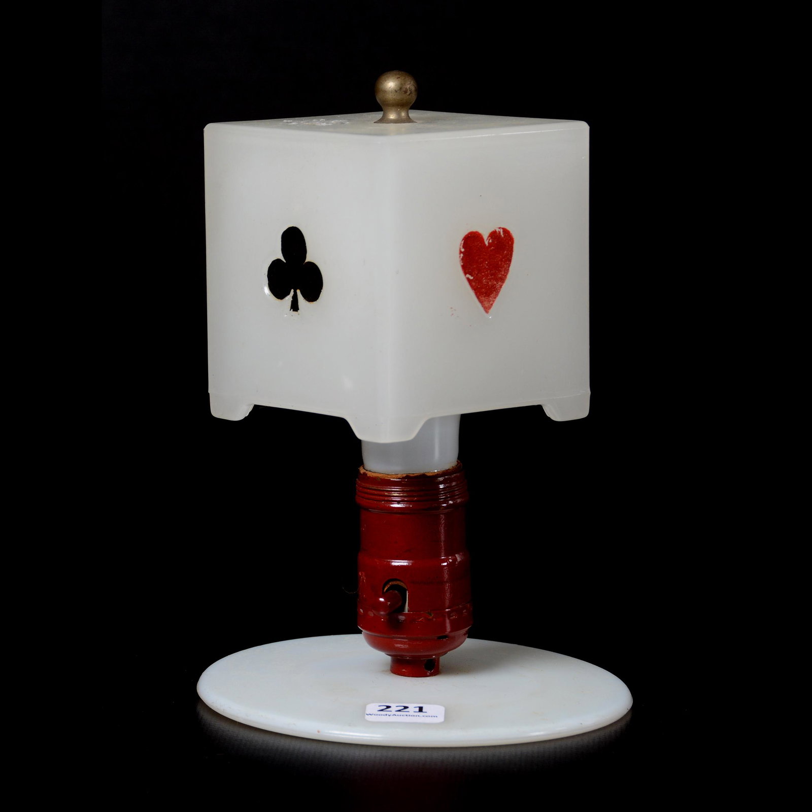 Lamp, Opaque Shade with Playing Cards: Lamp, Opaque Shade with Playing Cards, 7" X 5", Square Shade has Playing Cards of Heart, Spade, Diamond, and Club, Flat Opaque Base, Cord Needs Replaced; the Collection of Mrs. R. and the Late Dr. S. 