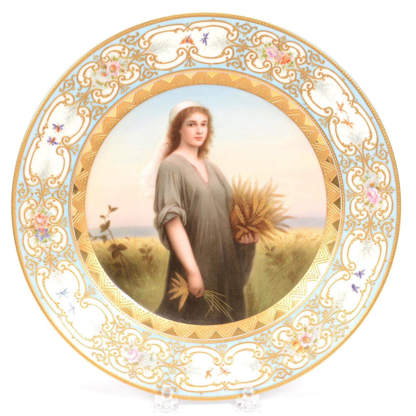 Plate Marked Dresden: Plate Marked Dresden, 9.5", Scene of Biblical Ruth, Pale Blue Border with Elaborate Scroll and Butterfly Highlights, Excellent Gold, Super Quality; the Collection of Mrs. R. and the Late Dr. S. Alexan