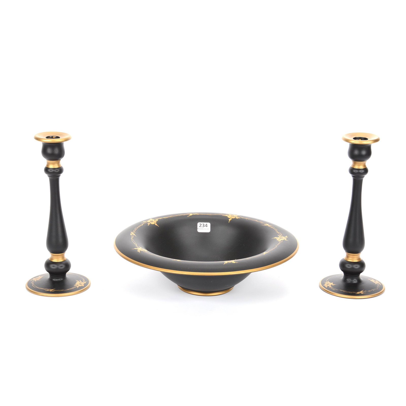Console Set, Three Piece, Tiffin Black Satin Glass: Console Set, Three Piece, Tiffin Black Satin Glass, (1) 3.5" X 12" Console Bowl, (2) 10" Candlestick Holders, Gold Floral Stencil Design, not Marked; the Collection of Mrs. R. and the Late Dr. S. Alex