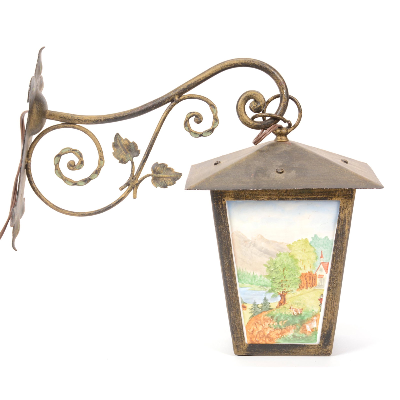 Hanging Lithopane Lantern, Electrified: Hanging Lithopane Lantern, Electrified, Hand Painted Colored Highlights, Various Outdoor Scenes Including Waterfalls and Lakes, Nice Quality, Lantern Hangs on Wall Mounted Bracket; the Collection of M