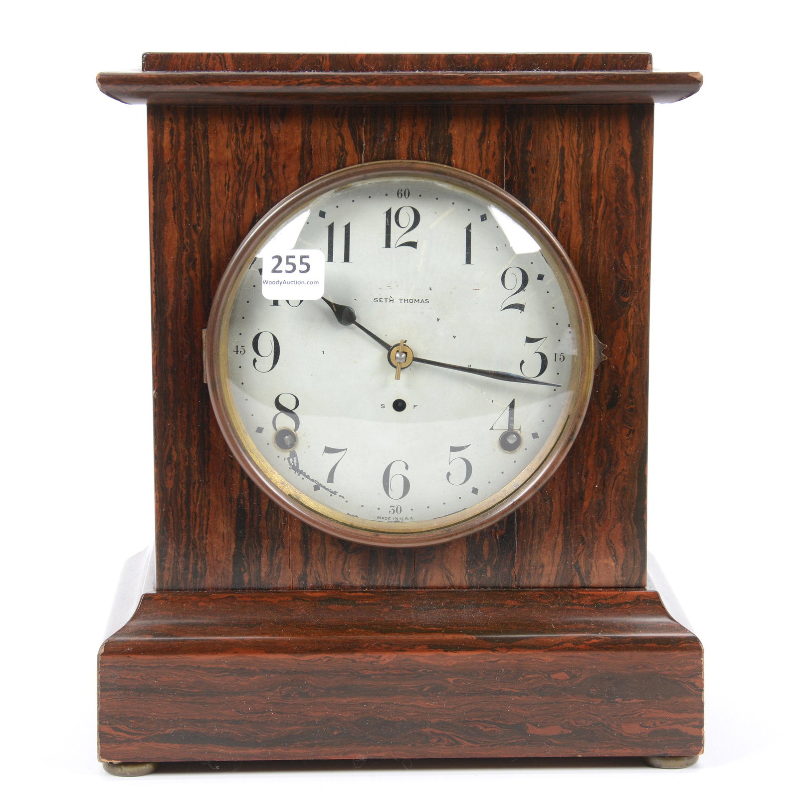 Seth Thomas Laminate Wood Case Mantel Clock: Seth Thomas Laminate Wood Case Mantel Clock, 10" X 8.5", Does have Pendulum, No Key; the Collection of Mrs. R. and the Late Dr. S. Alexander.