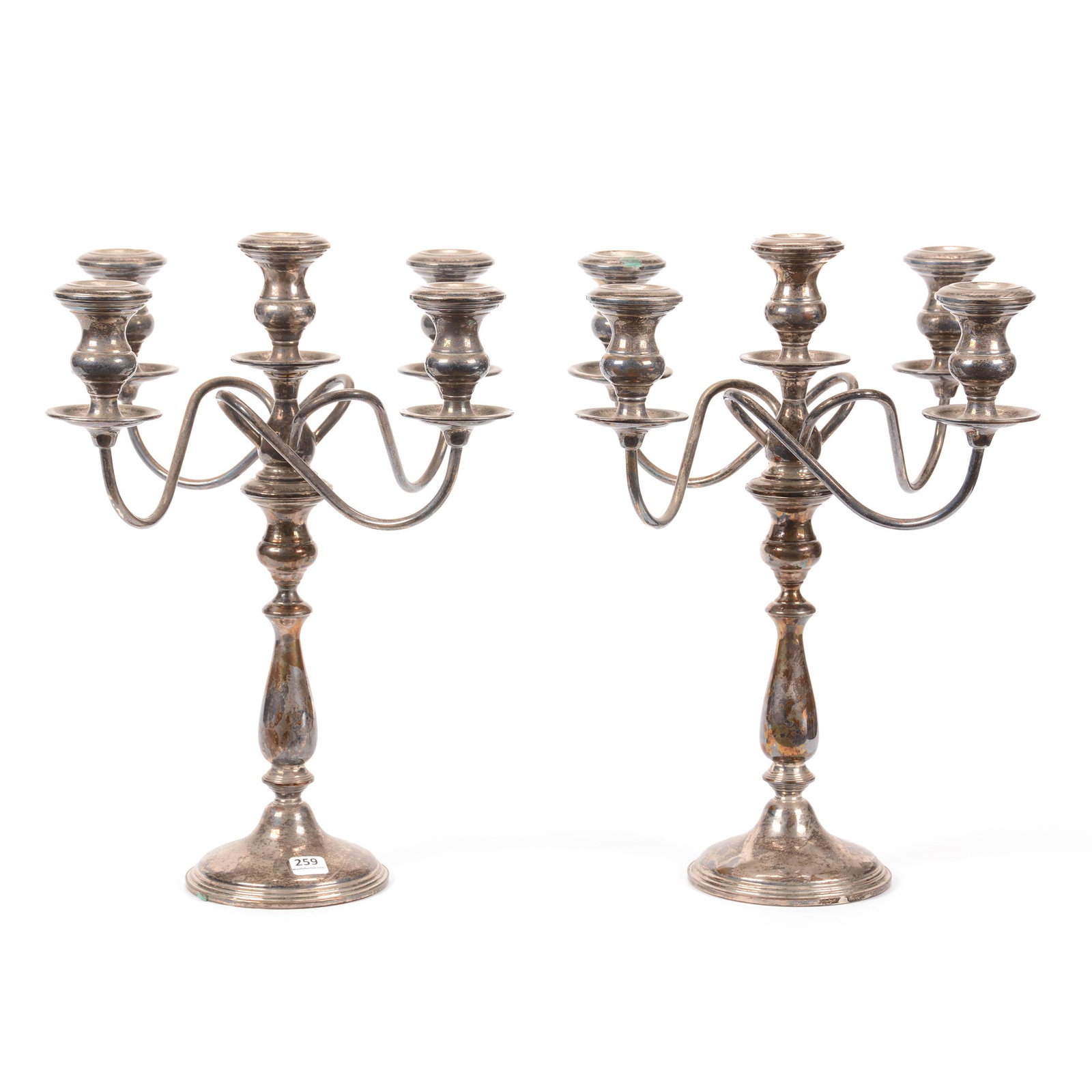 Pair Sterling Silver Candelabra, Five Arm: Pair Sterling Silver Candelabra, Five Arm, 16" X 14", Weighted Base, Empire Silver Company #397, Total Weight Including Weighted Base is 5,224 Grams; the Collection of Mrs. R. and the Late Dr. S. Alex