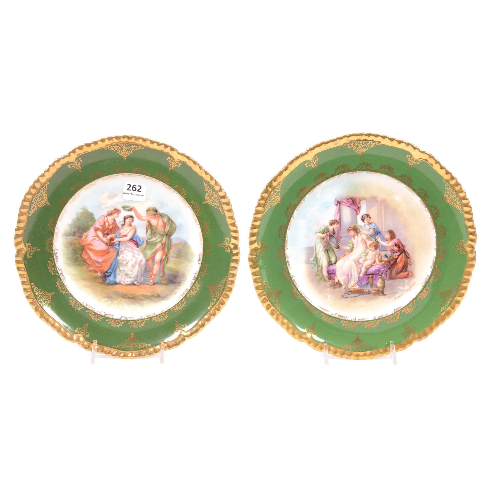 (2) Plates, Scenic Austrian: (2) Plates, Scenic Austrian, 8.75", Green Border, Gold Trim, Classic Kaufmann Scenic Decor, Each Plate Marked "Higgins & Seiter" (Jewelers) on Back; the Collection of Mrs. R. and the Late Dr. S. Alexa