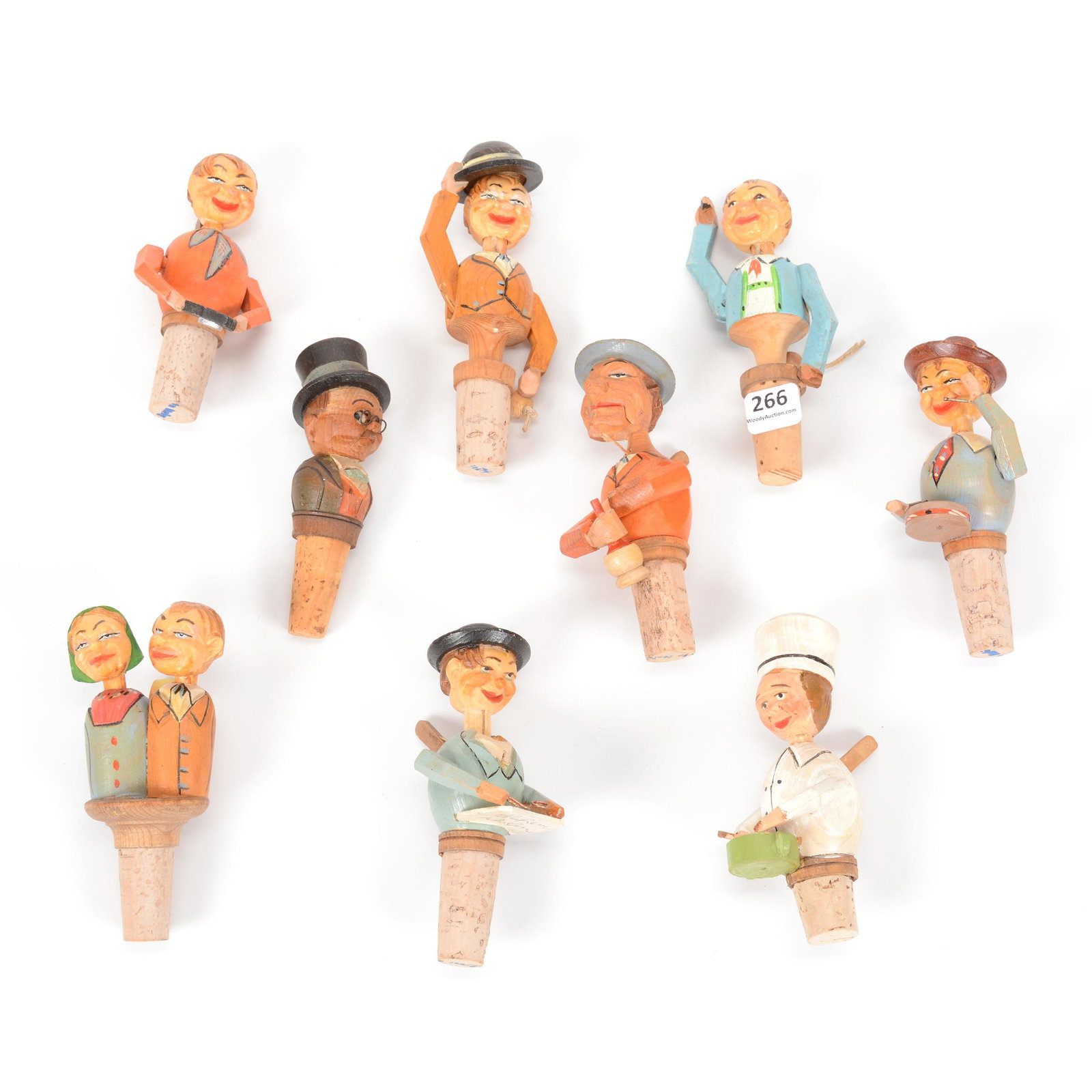 (9) Carved Wooden Mechanical Bottle Stoppers: (9) Carved Wooden Mechanical Bottle Stoppers, Representing People Performing Various Acts As Moved by "Puppet" Strings, Approximately 5", See Photos for Details; the Collection of Mrs. R. and the Late