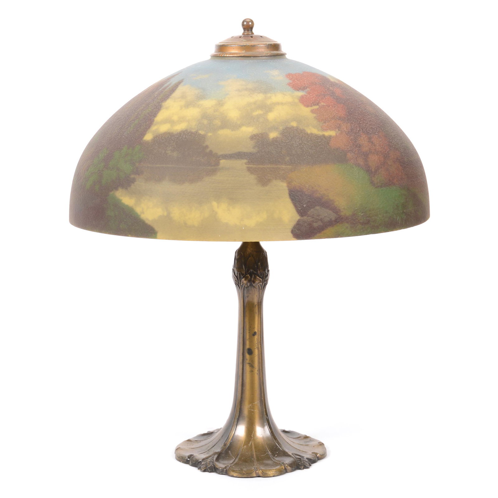 Reverse Painted Table Lamp, Gilt Metal Base: Reverse Painted Table Lamp, Gilt Metal Base, 21.5" X 18", Lake and Forest Scenic Decor, Nice Quality, Electrified, Two Light, Pittsburgh base and Phoenix or Jeanette shade; the Collection of Mrs. R. a