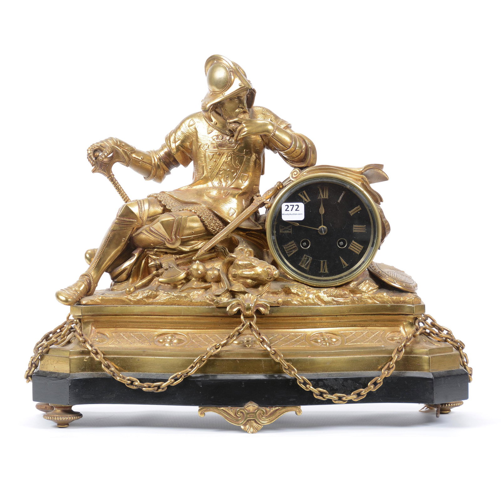 French Figural Gilded Bronze & Marble Mantel Clock: French Figural Gilded Bronze & Marble Mantel Clock, 14.5" X 17.5", Full Figure Knight in Suit of Armor Resting on Spoils of War, One Replacement Foot and One Foot Missing; the Collection of Mrs. R. an