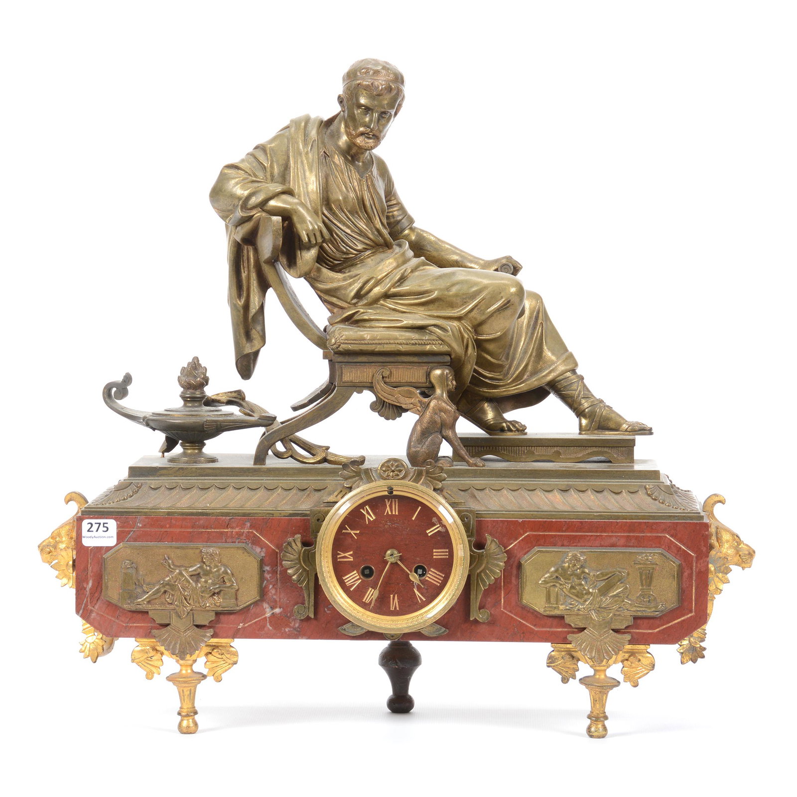 French Figural Mantel Clock, Red Marble W/Brass: French Figural Mantel Clock, Red Marble with Brass Fittings, 17.5" X 19", Features Figure of Man Reclining in Chair, No Back Cover, No Pendulum; the Collection of Mrs. R. and the Late Dr. S. Alexander