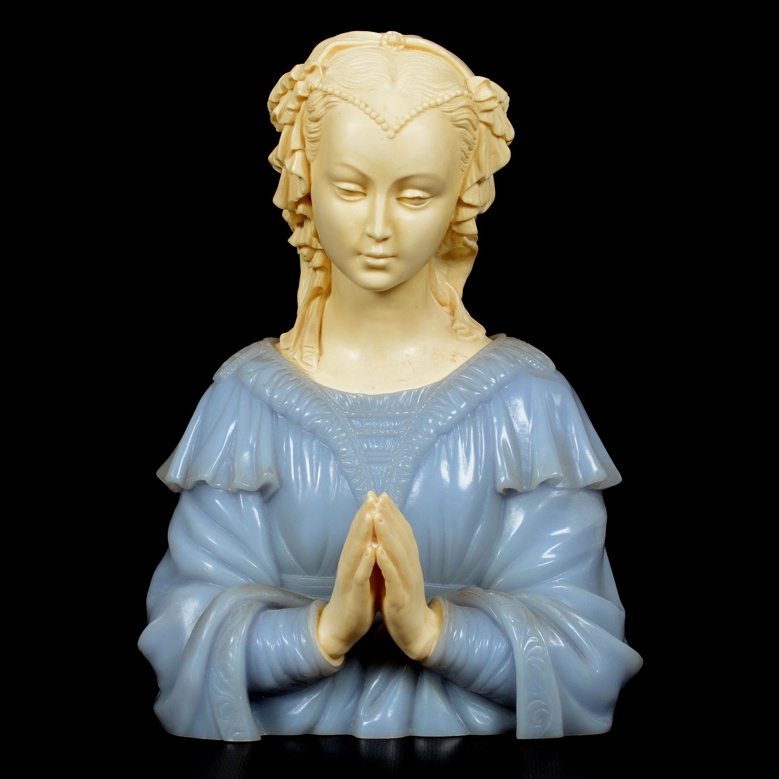 Carved Bust, Praying Madonna, Blue Alabaster Dress: Carved Bust, Praying Madonna, Blue Alabaster Dress, 11" X 8", Resin Head and Hands, Circa 1970's, Artist Marked G, Ruggeri, Active in 1550's, Was a Very Well Known Italian Sculptor; the Collection of