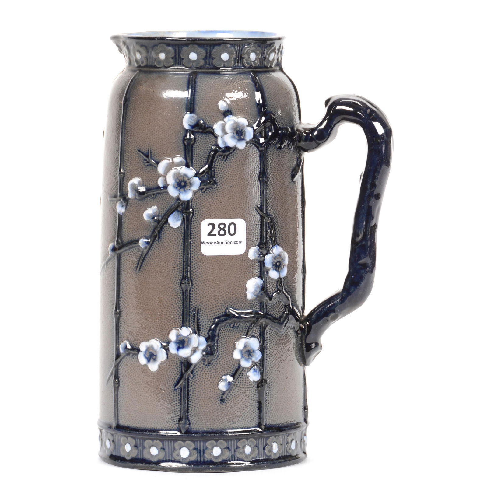 Old English Pitcher, Earthenware: Old English Pitcher, Earthenware, 8.25", Gray and Dark Cobalt Blue with Cherry Blossom Decor, Registry Mark Circa 1880's; the Collection of Mrs. R. and the Late Dr. S. Alexander.