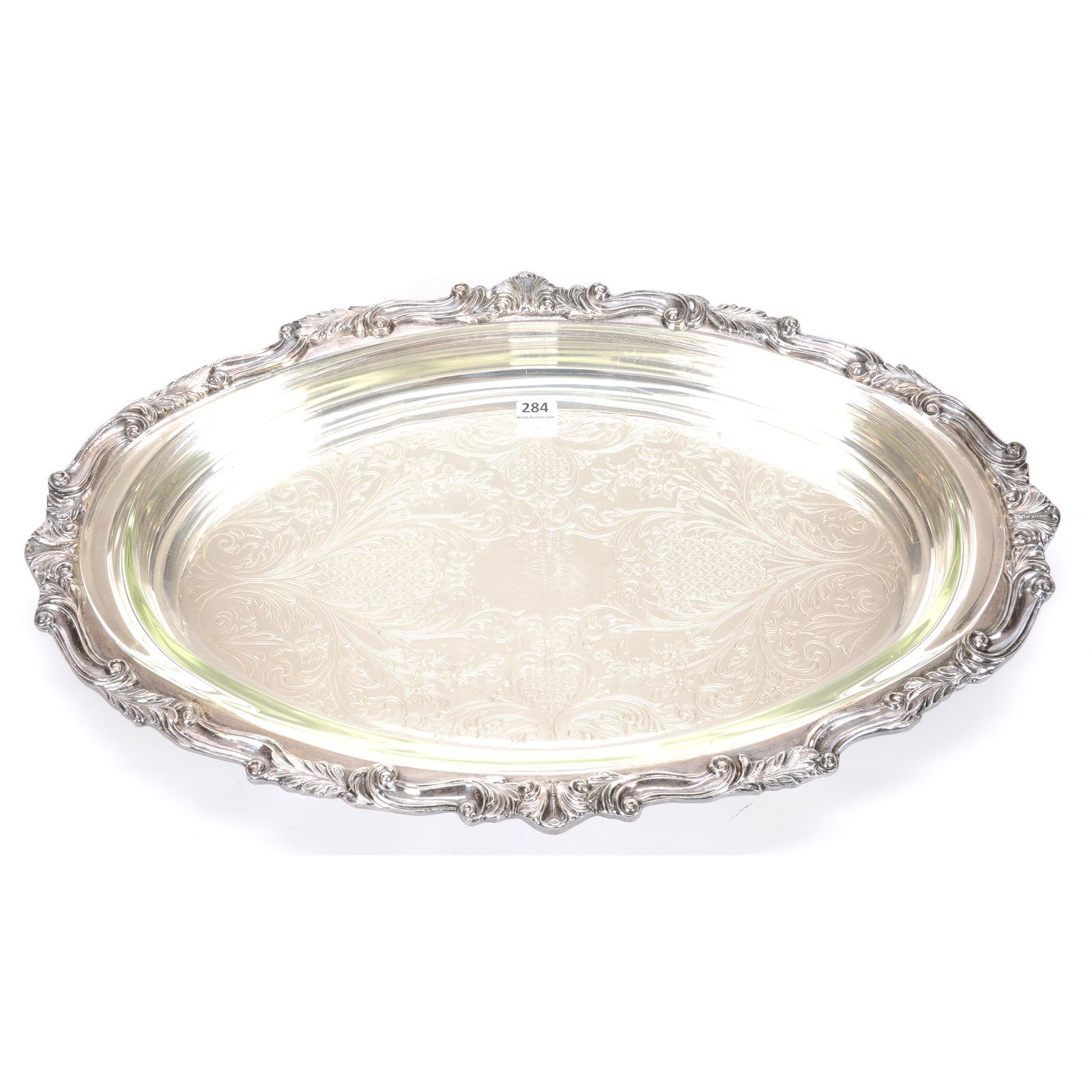 Silverplate Serving Tray W/Clear Pyrex Glass Insert: Silverplate Serving Tray with Clear Pyrex Glass Insert, 2.75" X 20", Nice Engraving; the Collection of Mrs. R. and the Late Dr. S. Alexander.