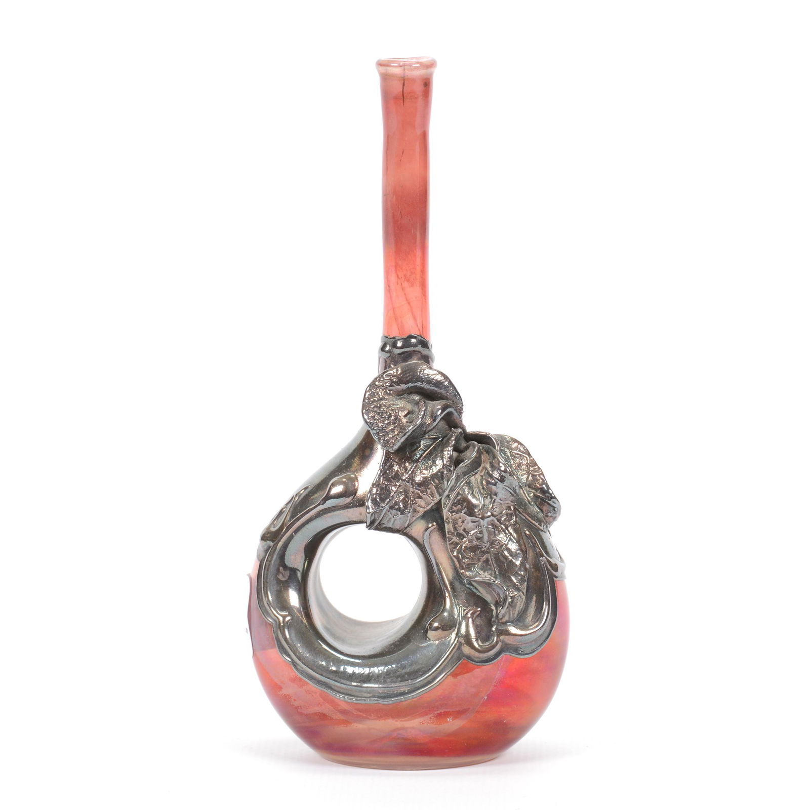Miniature Art Glass Vase, Ruby Flash: Miniature Art Glass Vase, Ruby Flash, 5.75", Elaborate Silver Overlay Leaf Design, Donut Hole Shape; the Collection of Mrs. R. and the Late Dr. S. Alexander.