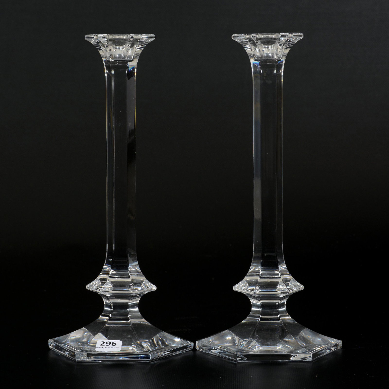 Pair Candlesticks Signed Val St. Lambert: Pair Candlesticks Signed Val St, Lambert, 11.25", Clear Crystal, Six-Sided; the Collection of Mrs. R. and the Late Dr. S. Alexander.