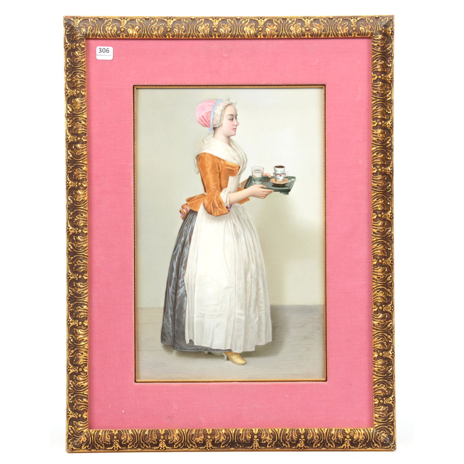 Porcelain Plaque Marked KPM: Porcelain Plaque Marked KPM, 15.5" X 10", Flawless Hand Painted Scene of "La Chocolatier", Young Woman Carrying Serving Tray, after Jean-Etienne Liotard (1702-1789), No Visible Artist Mark, Circa 1900