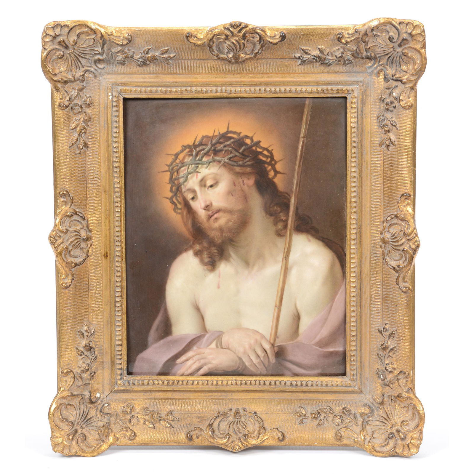 Porcelain Plaque Marked KPM: Porcelain Plaque Marked KPM, 11.5" X 10", Portrait of Bound Christ Wearing Crown of Thorns, Fine Detail, Mounted in 18.5" X 16" Ornate Gilt Wooden Frame, Handwritten on Back of Plaque "Emile Ens 1857"