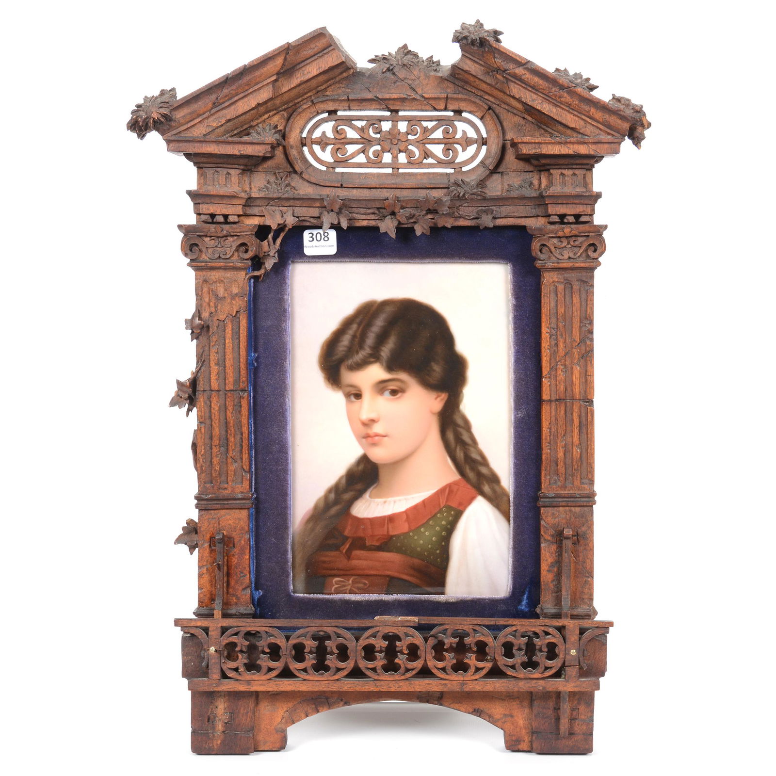 Porcelain Plaque Marked KPM: Porcelain Plaque Marked KPM, 9.5" X 6.5", Beautiful Hand Painted Portrait of Young Girl with Hair in Braids, Fine Detail, No Artist Mark Visible, Mounted in Elaborate Carved Wooden Frame with Ivy and