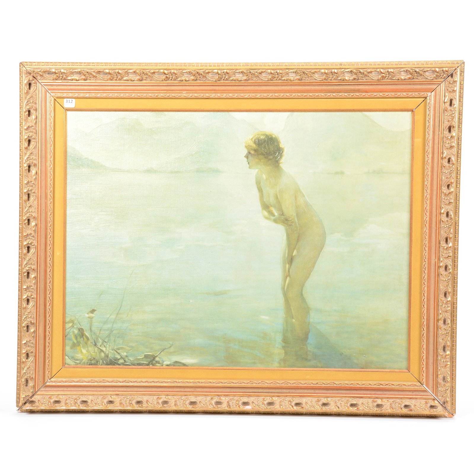 1960's Reproduction Of "September Morn" Oil: 1960's Reproduction of "September Morn" Oil, 21" X 28", after Paul Emile Chabas (1869-1937), Frame Overall Size is 28" X 35"; the Collection of Mrs. R. and the Late Dr. S. Alexander.