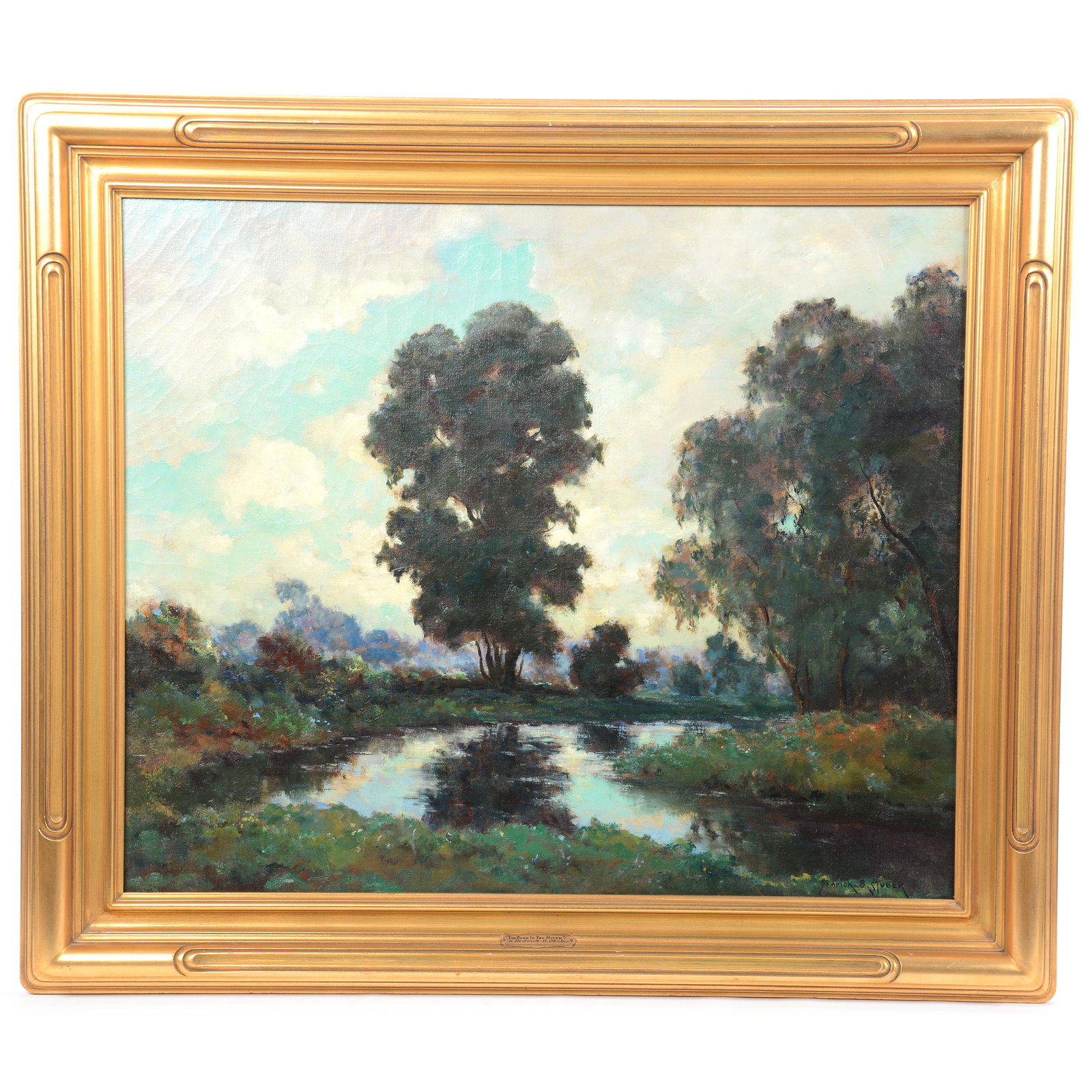 Original Oil Painting by Dedrick Stuber (1878-1954): Original Oil Painting by Dedrick Stuber (1878-1954), 25" X 30", Titled "The Bend in The River", Set in 31" X 36" Gilt Wooden Frame, Stuber was an American Artist Who Became a Painter in California in
