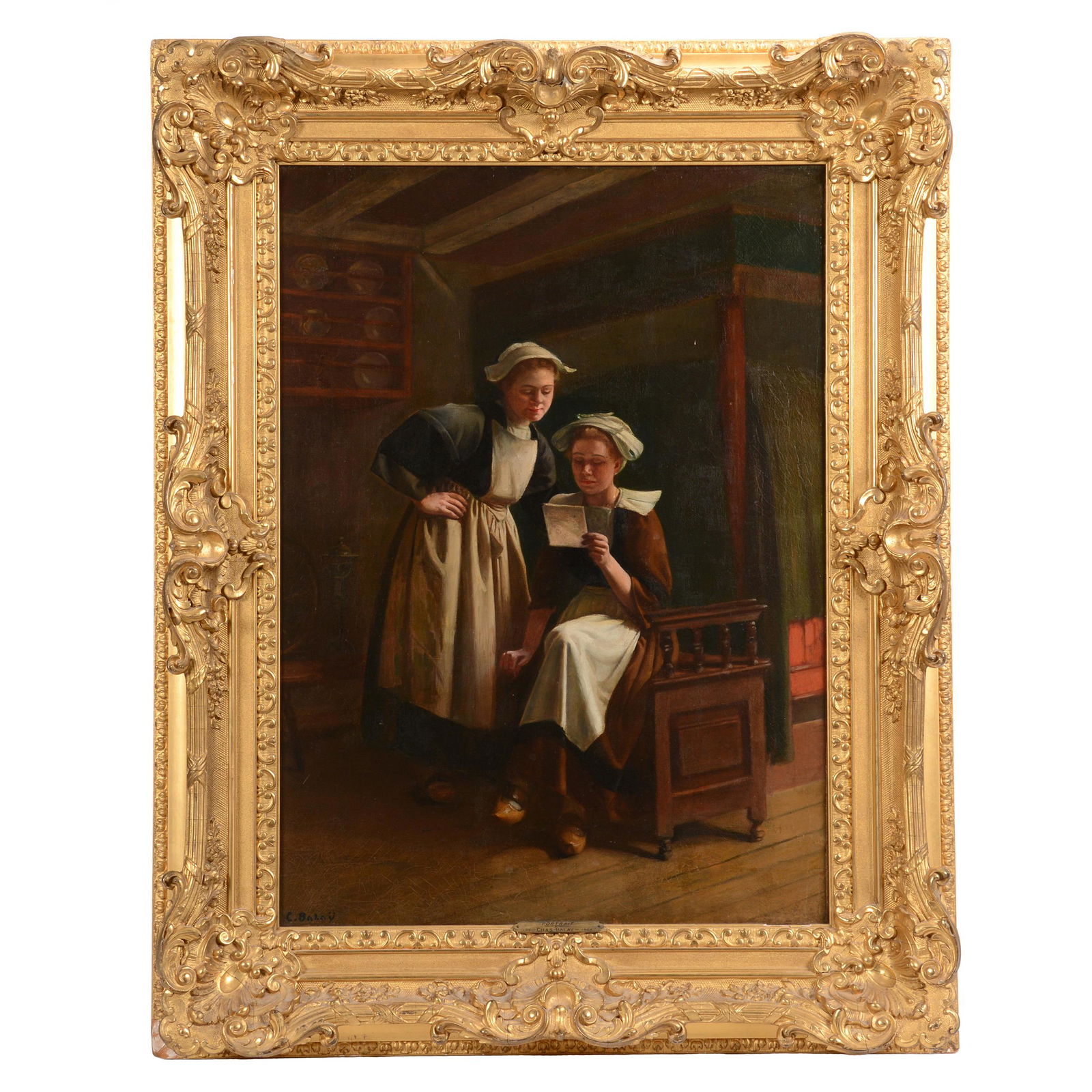 Original Oil on Canvas by Chas. Balay (1861-1943): Original Oil on Canvas by Chas, Balay (1861-1943), 29.5" X 21.5", Titled "Portrait", Dated 1904, Portrays Two Maids Looking at a Portrait that One is Holding, Balay Was a French Artist, Signed in Lowe