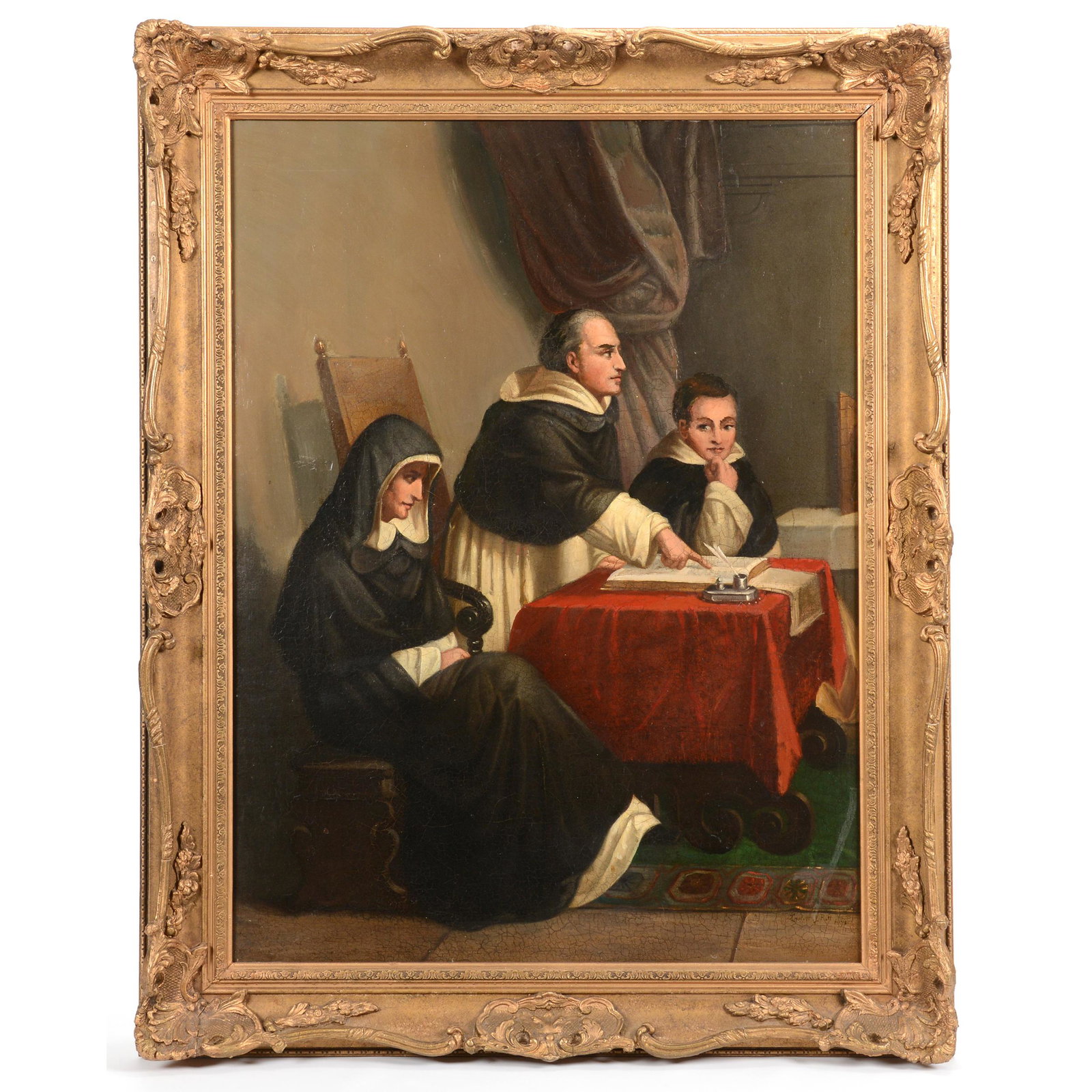 Original Oil on Canvas by Laslett L. Pott (1837-1898): Original Oil on Canvas by Laslett L. Pott (1837-1898), 32" X 24", Interior Scene with Two Priests and Nun, Signed Lower Right, Dated 1871, Possible Touch-Up Areas of Repair, Overall Size of Gilt Woode