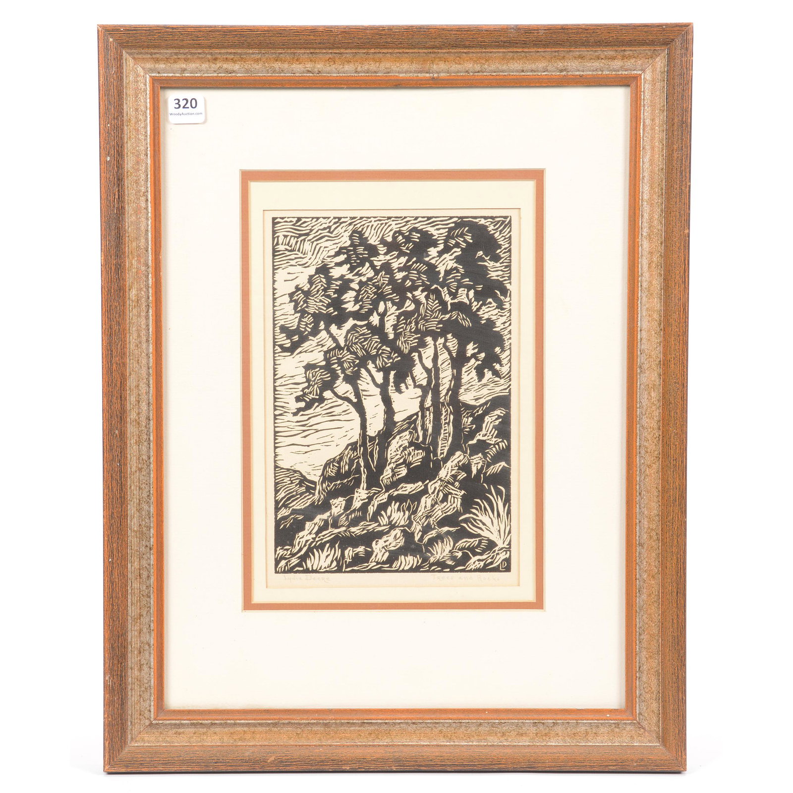 Original Woodcut Lithograph by Lydia Deere: Original Woodcut Lithograph by Lydia Deere, 9" X 6", Lydia Deere (1873-1943) Was a Student of Birger Sandzen for Four Years, Scene Titled "Trees and Rocks", Circa 1920's, Overall Frame Size is 18.5" X