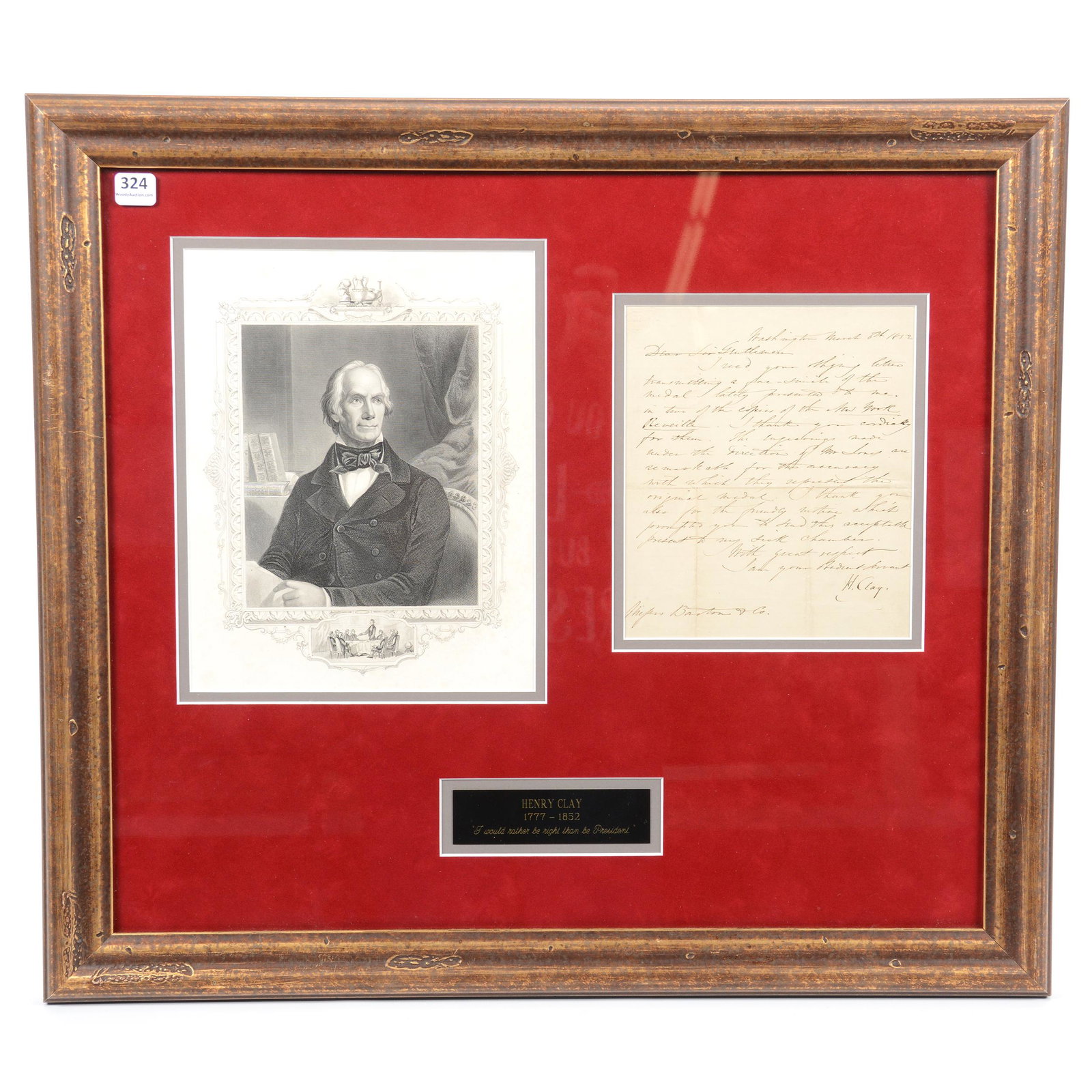Original Signed Letter by Henry Clay (1777-1852): Original Signed Letter by Henry Clay (1777-1852), American Senator, House Speaker, Secretary of State, and Candidate for U.S, President, Helped Found Both the Republican Party and National Whig Party,