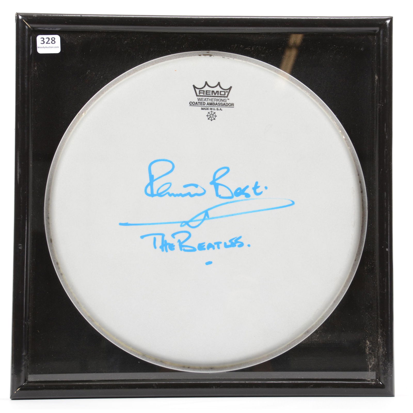 Drum Head Signed Pete Best, Original Beatles Drummer: Drum Head Signed Pete Best, Original Beatles Drummer, 12" Diameter Top Drum Head Mounted in 14" Square Ebony & Glass Frame; the Collection of Mrs. R. and the Late Dr. S. Alexander.