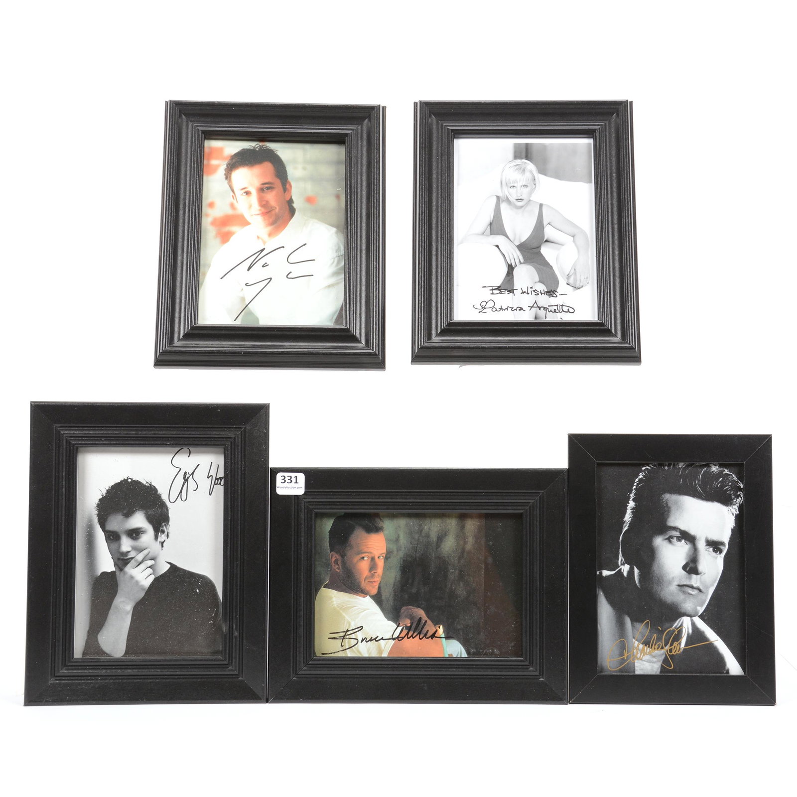 (5) Autographed Celebrity Head Shots: (5) Autographed Celebrity Head Shots, (1) Bruce Willis, (1) Elijah Wood, (1) Charlie Sheen, (1) Patricia Arquette, (1) Noah Wyle, Vertical Heights Range from 7.5" to 9.5"; the Collection of Mrs. R. an