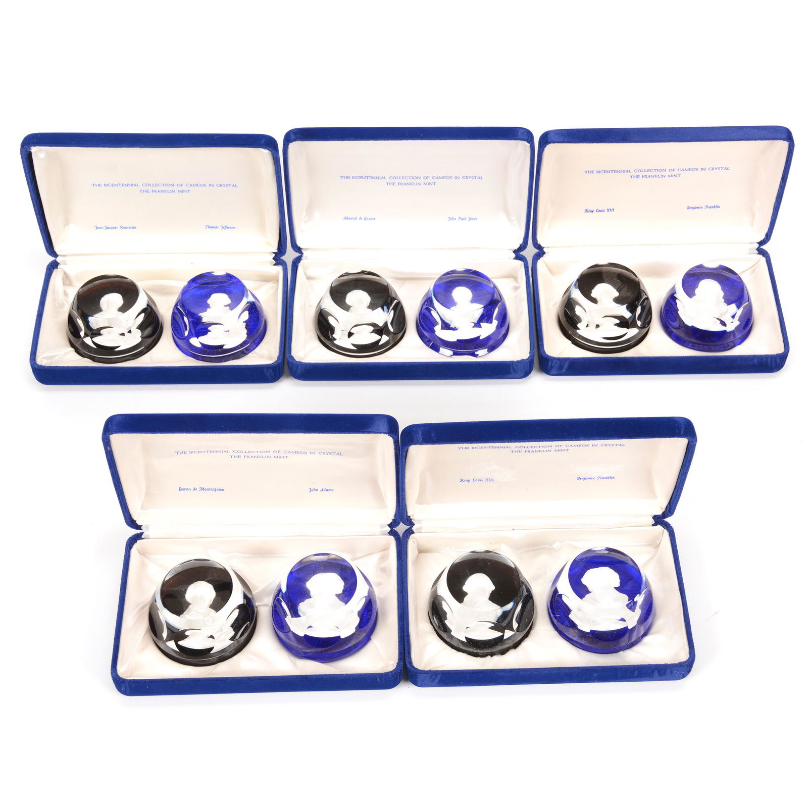 (10) Baccarat Paperweights in Original Double Cases: (10) Baccarat Paperweights in Original Double Cases, (1) Rousseau & Thomas Jefferson, (2) King Louis Xvi & Benjamin Franklin, (1) Montesquieu & John Adams, (1) De Grasse & John Paul Jones; the Collect