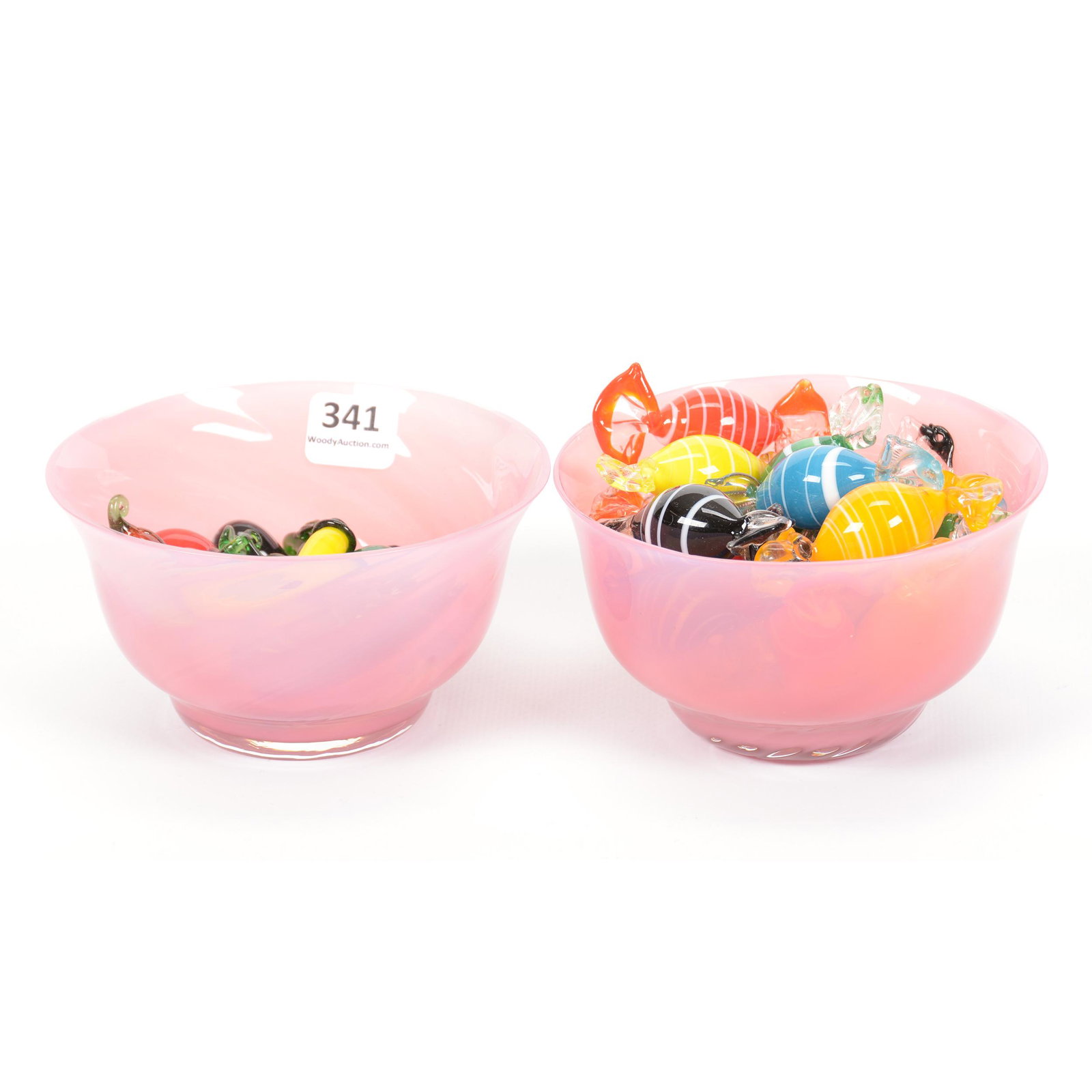 (2) Steuben Style Art Glass Bowls, Pink Opaque Swirl: (2) Steuben Style Art Glass Bowls, Pink Opaque Swirl, 4.5", Bowls Contain Modern Glass Candy and Vegetables; the Collection of Mrs. R. and the Late Dr. S. Alexander.