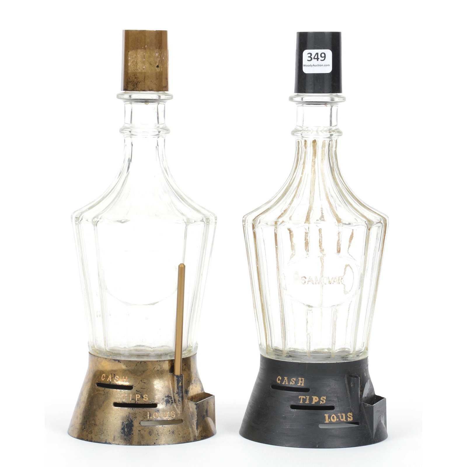 (2) Samovar Barware Decanters with Slots: (2) Samovar Barware Decanters with Slots, "Cash, Tips, IOU" Slots, See Photos for Details; the Collection of Mrs. R. and the Late Dr. S. Alexander.
