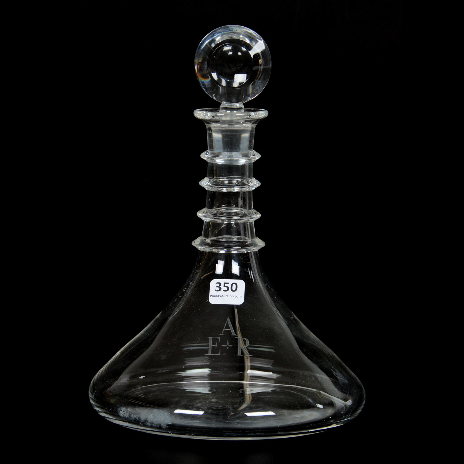 Signed Steuben Glass Decanter with Four Applied Rings: Signed Steuben Glass Decanter with Four Applied Rings, 9.75", Fitted Stopper; the Collection of Mrs. R. and the Late Dr. S. Alexander.