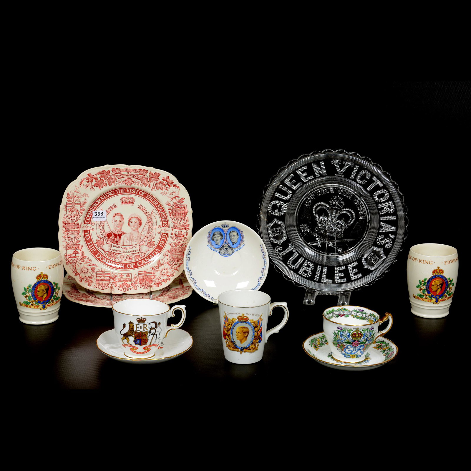 (11) Assorted British Coronation Items: (11) Assorted British Coronation Items, (1) Queen Victoria Clear Pattern Glass Bread Plate, All Others are King George and/or Queen Elizabeth, Plates, Cups and Saucers and More, See Photos for Details