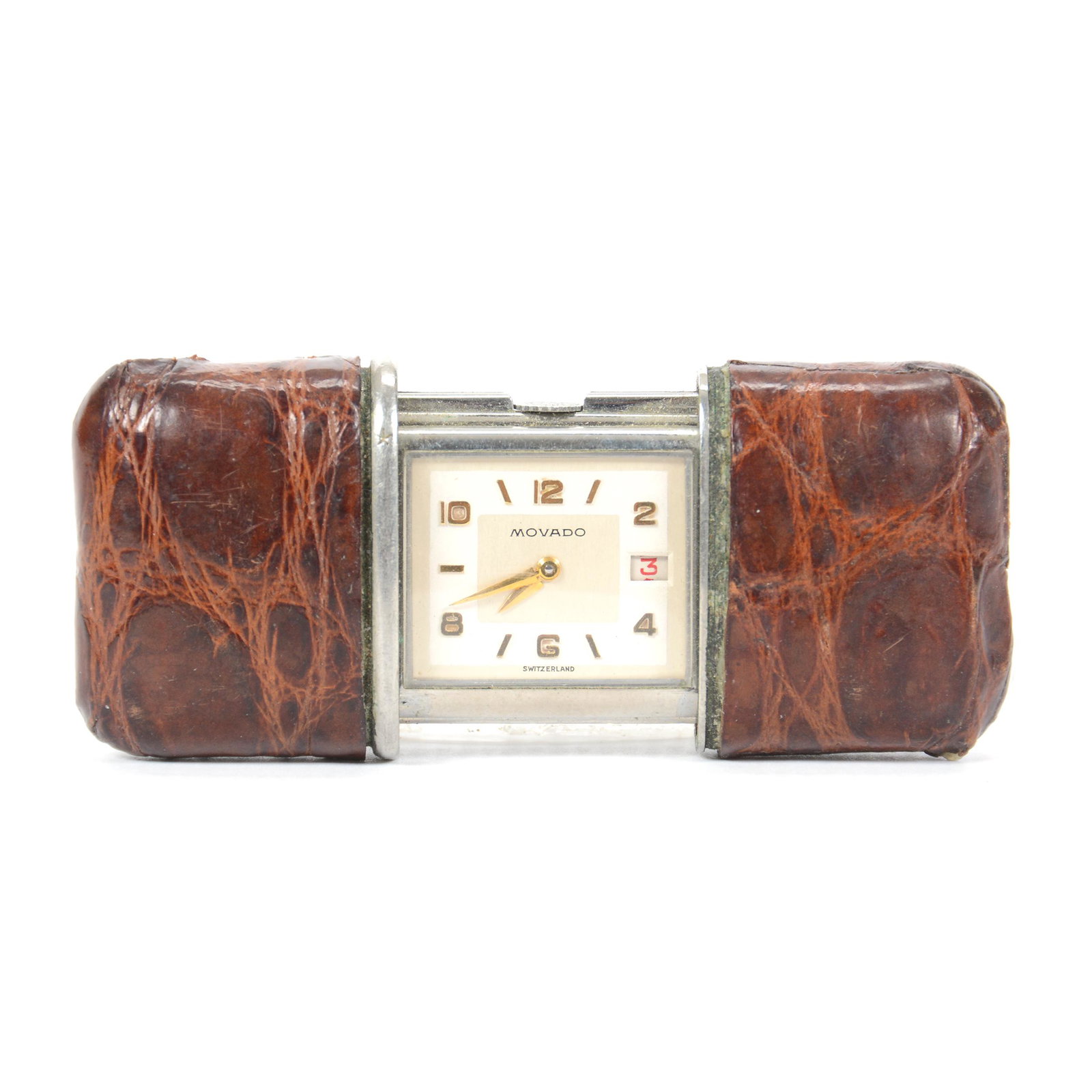 Movado Ermeto Silver Traveling Clock, Circa 1950: Movado Ermeto Silver Traveling Clock, Circa 1950's, 1.5" X 1", in Brown Crocodile Case, Self-Winding When Opened & Closed; the Collection of Mrs. R. and the Late Dr. S. Alexander. UPDATED 7-29-20: Spe